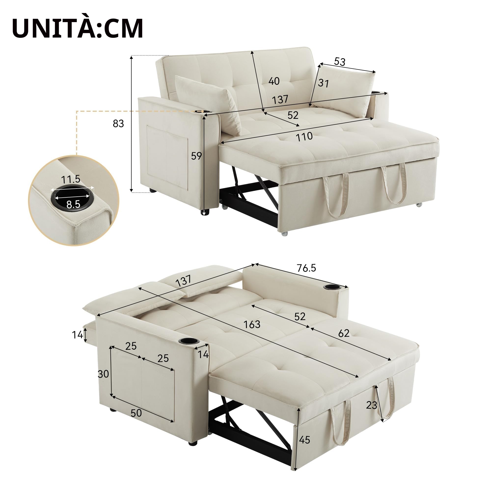 Azkoeesy Divano Letto Estensibile a 2 Posti 137 cm, con 2 portabicchieri, 2 cuscini, schienale regolabile su 3 livelli, tasca laterale per riviste e controller, rivestimento in velluto, beige