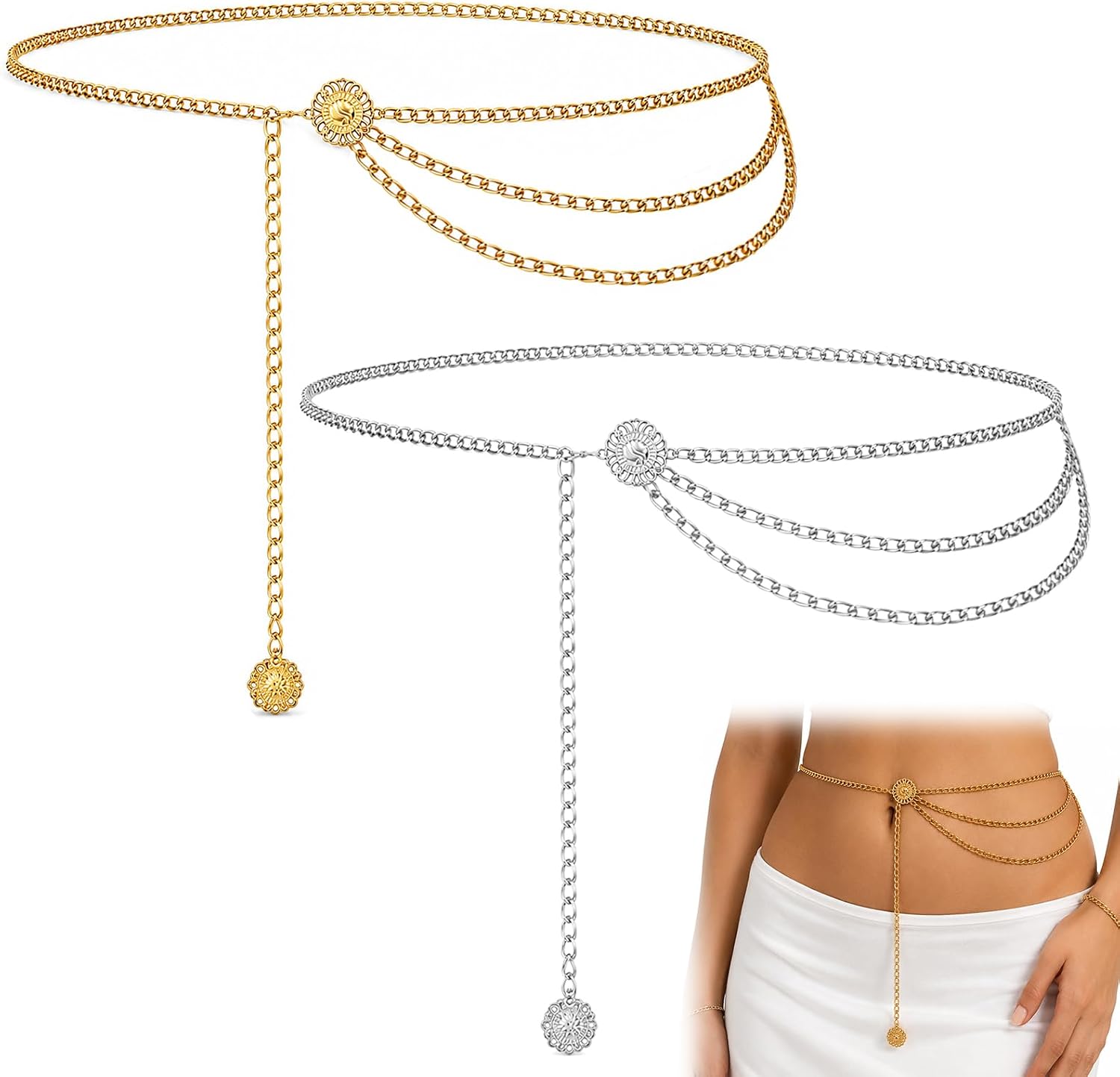 2PCS Chain Belt for Women, Multilayer Metal Waist Chain Belts