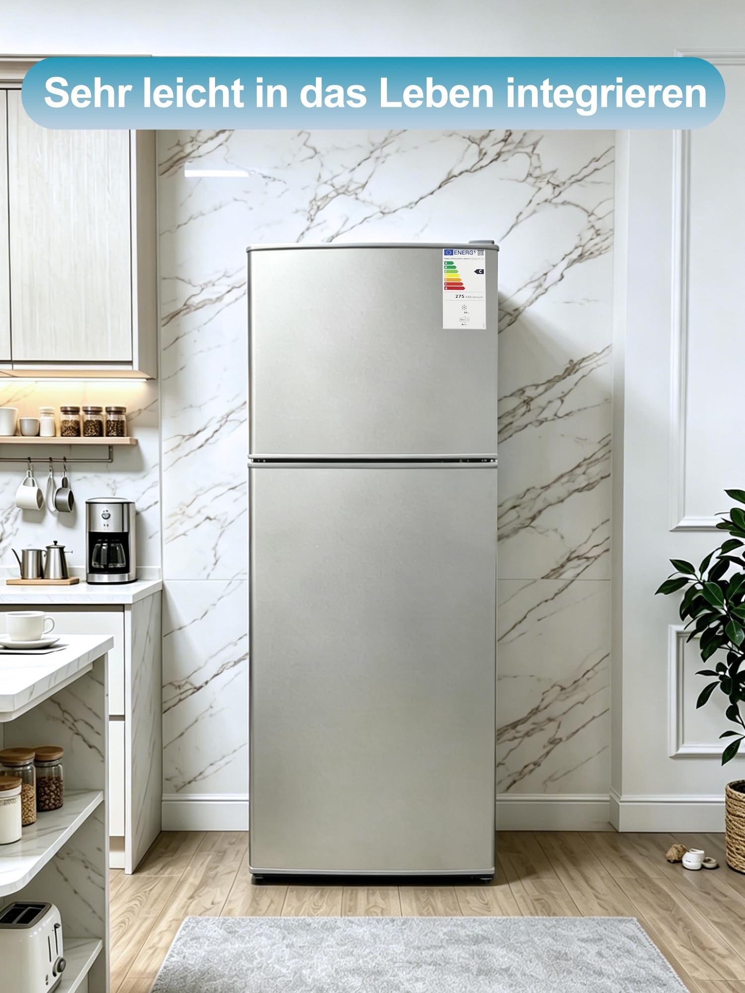 Mini Kühlschrank mit Gefrierfach, Kompaktkühlschrank, Temperaturregelung, Herausnehmbare Ablagen, LED-Beleuchtung, Leise, Energieklasse C, für Büro, Wohnung & Studentenwohnheim (90, Liter)