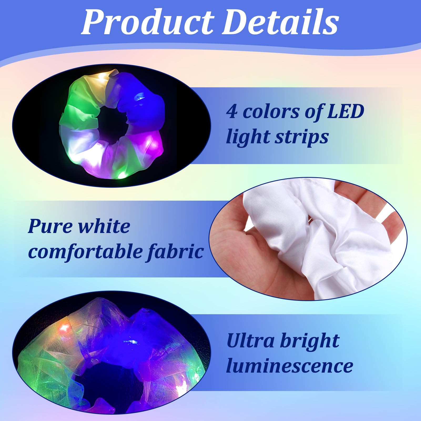 6 Pack Light Up Scrunchies for Girls LED Reflective Hair Scrunchie with 3 Light Modes Glow in the Dark Neon Hair Accessories for Christmas Girls Women Disco Rave and Party Events - Image 4