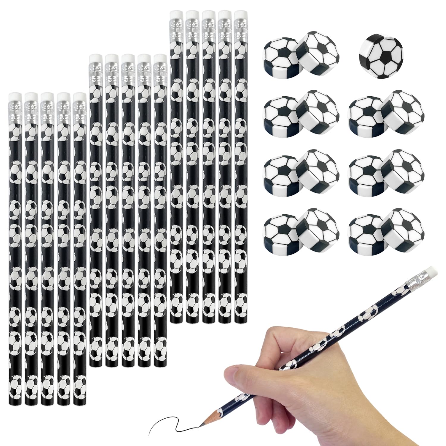 Juego de 15 lápices de fútbol con 15 gomas de borrar de fútbol, regalo de fiesta de fútbol, decoraciones de goma de borrar de fútbol, lápices con gomas de borrar para niños (negro 2b)