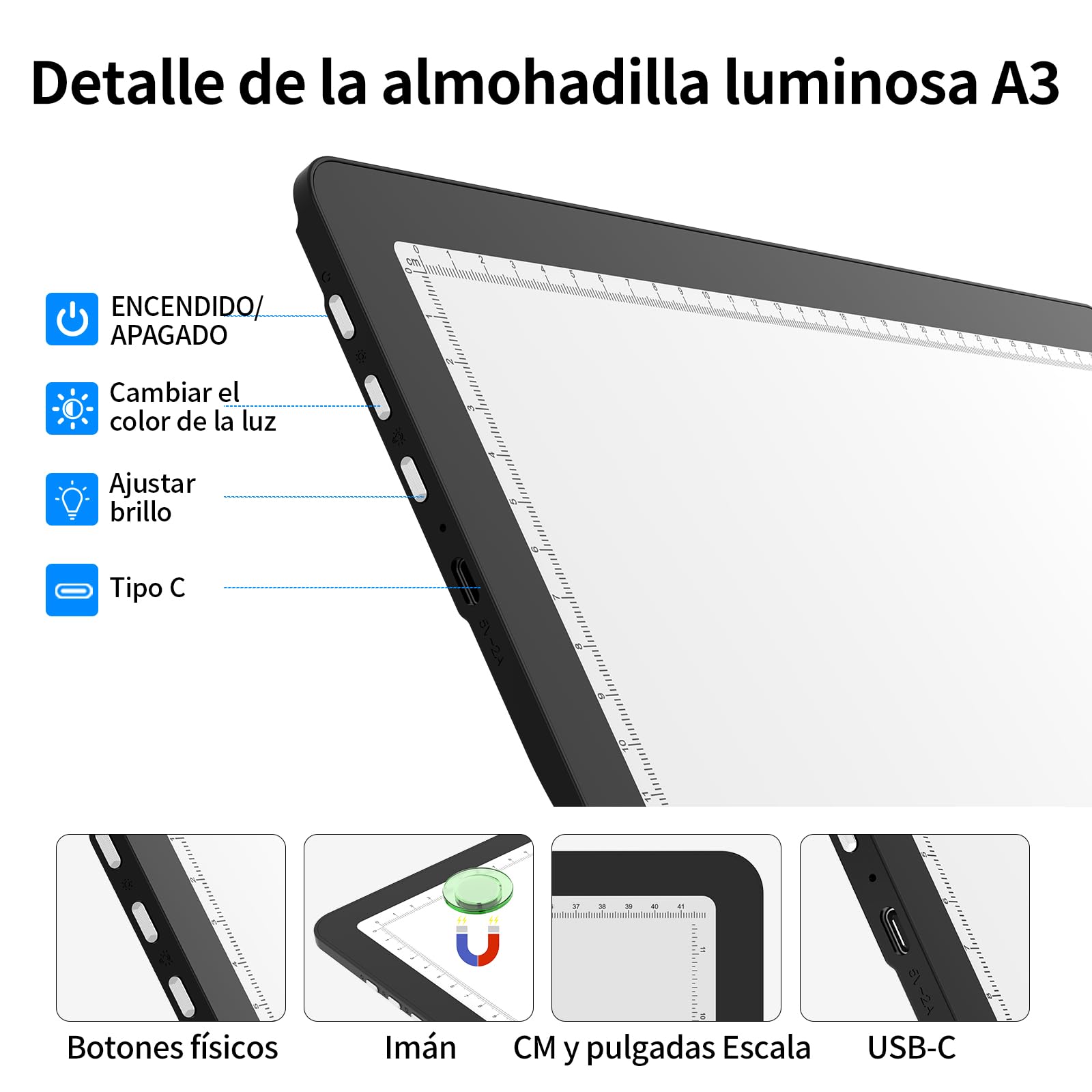TOHETO Tablero de luz recargable A3 con soporte, almohadilla magnética superbrillante con botones laterales, caja de luz inalámbrica para trazar y dibujar, mesa de luz LED inalámbrica para pintura de