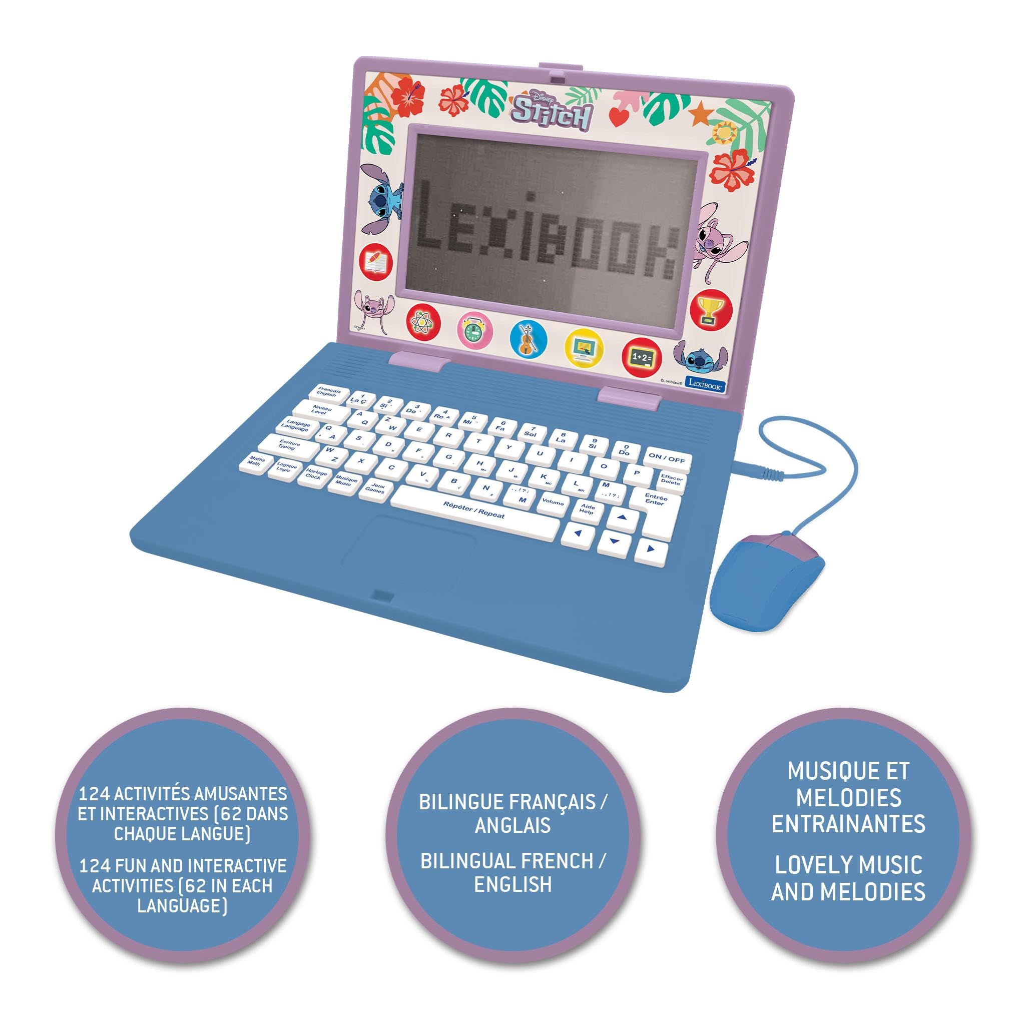 Lexibook, Disney Stitch, francuski/angielski dwujęzyczny laptop edukacyjny, zabawka dla dzieci, 170 zajęć do nauki, gier i muzyki, duży ekran, niebieski/fioletowy, JC599Di1LXB