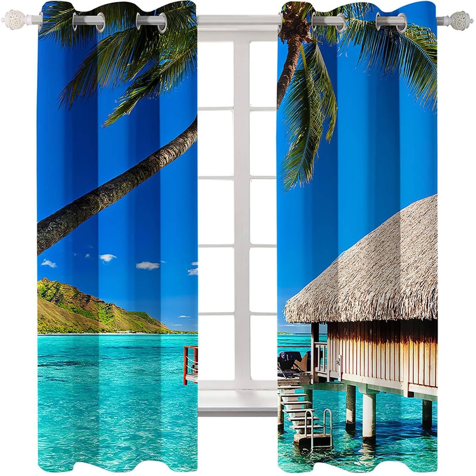 Schlafzimmer Vorhänge mit Schlaufen, 214x214cm Blau Grün Braun Meer und Palmenlandschaft Vorhang für Wohnzimmer