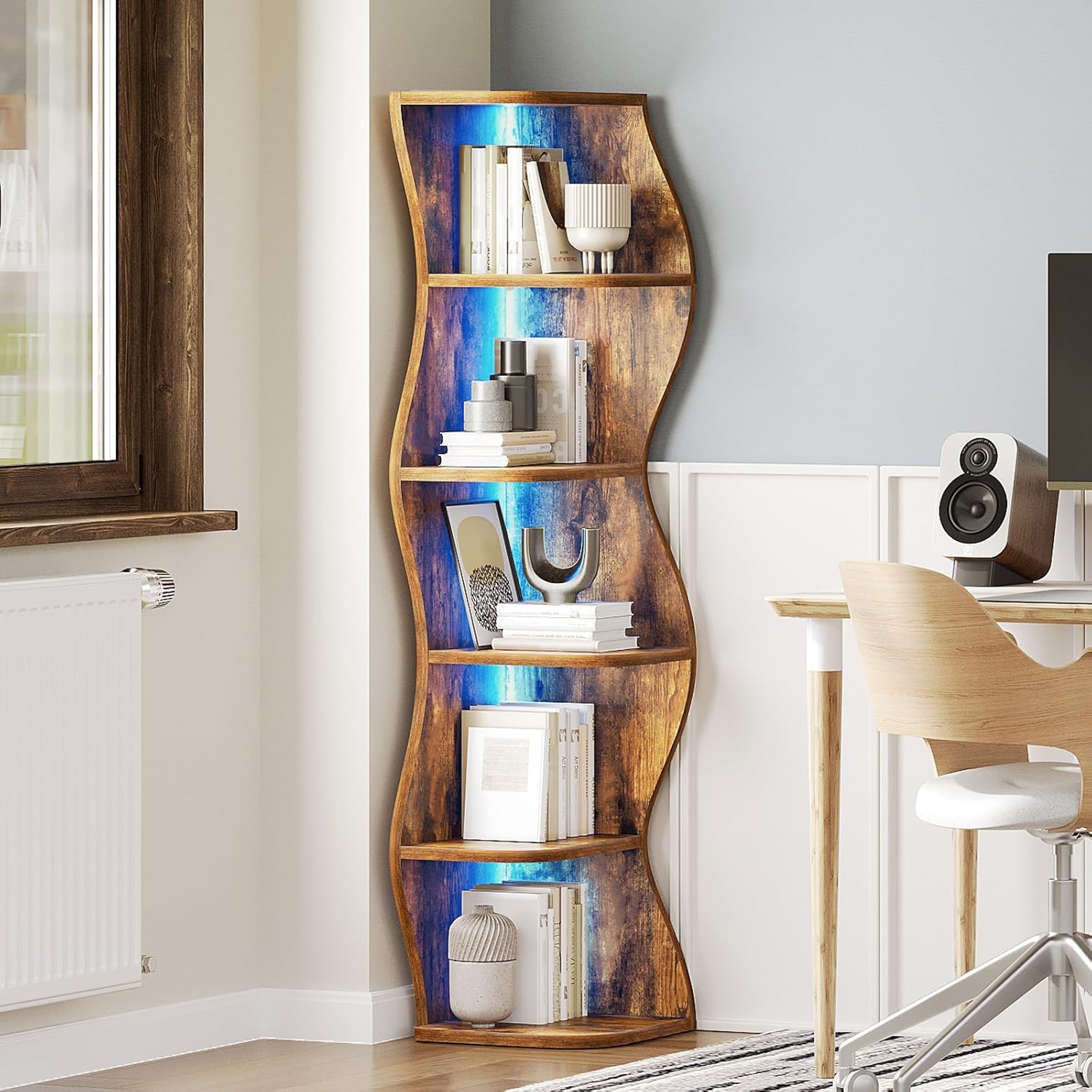 Small Corner Shelf, 6-Tier Corner Bookshelf with LED Light, 59.3” Tall Standing Shelf Organizer, Wooden Stylish Bookcase Storage Rack for Study, Living Room, Bedroom, Rustic Brown CJ30DBR