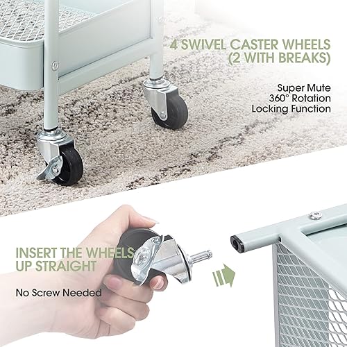 Miniatura 5 de TOOLF Carrito con ruedas de 3 niveles, carrito de almacenamiento de metal con tableros dobles de clavijas, carrito de manualidades con ganchos,