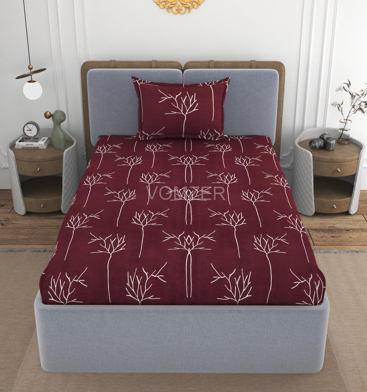 VOMZER 300 Tc Elastic Fitted Bedsheets Single Bed With 1 Pillow Cover With All Around Elastic, Size 36 X 72 X 10 Inches (Wine Flower), Small_Single