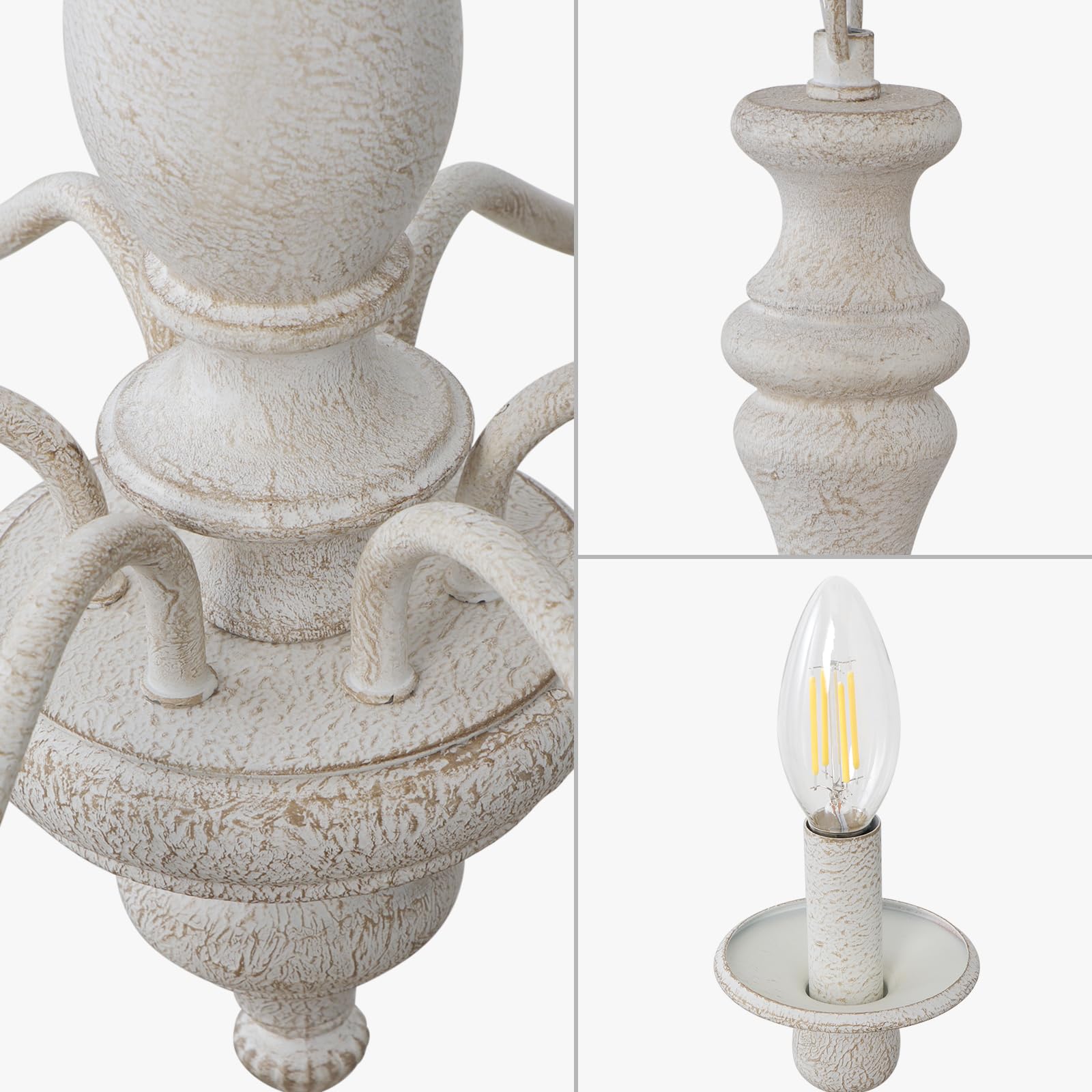 Cunfash Antique White Farmhouse Chandelier, 6-Light 28'' French Country Chandeliers for Dining Room Light Fixture, Rustic Wood Candle Hanging Chandelier for Kitchen Living Room Bedroom Entryway