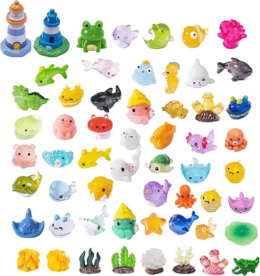 56pcs Mini Ocean Resin Animals Tiny Sea Animals Figurines Marine Miniature Plastic Animals Aquarium Ornaments Decorations for DIY Fish Tank Potted Micro Fairy Garden Dollhouse