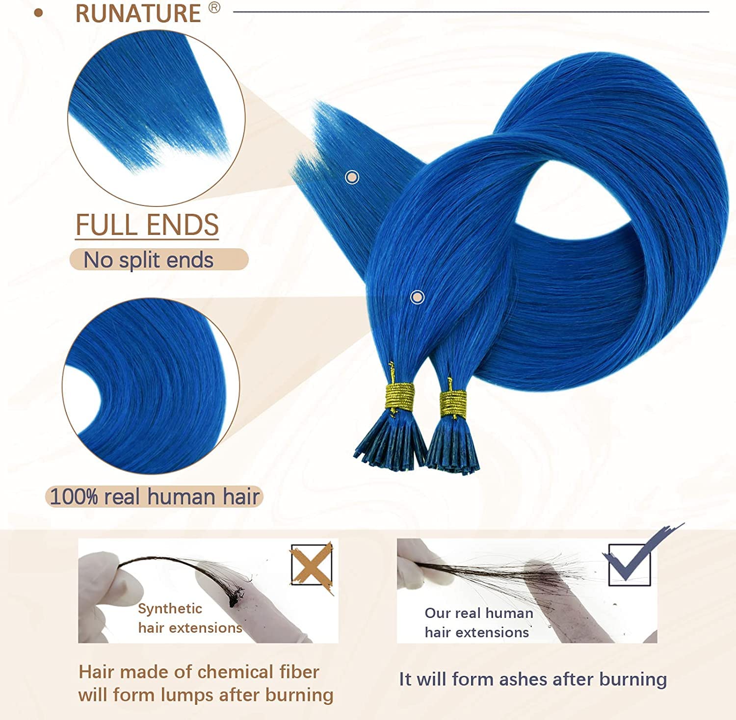 RUNATURE Blue Keratin I Tip Hair Extensions Real Human Hair Blue I Tip Real Remy Hair Extensions 14 Inch 20 Gram - Image 4