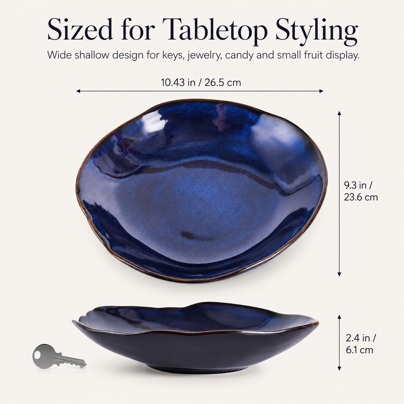 Bol décoratif en céramique bleu – Petit plat à bijoux de 26 cm, bol à fruits, à bonbons, bol à clés pour table d'entrée, plat à bijoux et bagues, plat fourre-tout en porcelaine pour cuisine, table de