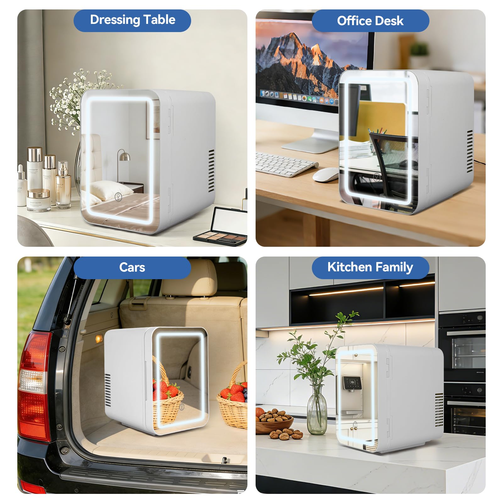 Kwanner 4L Portable Skincare Fridge with Dimmable LED Light Mirror - Cooler & Warmer Mini Fridge for Bedroom Office, Compact Cosmetic Fridge for Makeup, Food, Drinks (White) — view 9