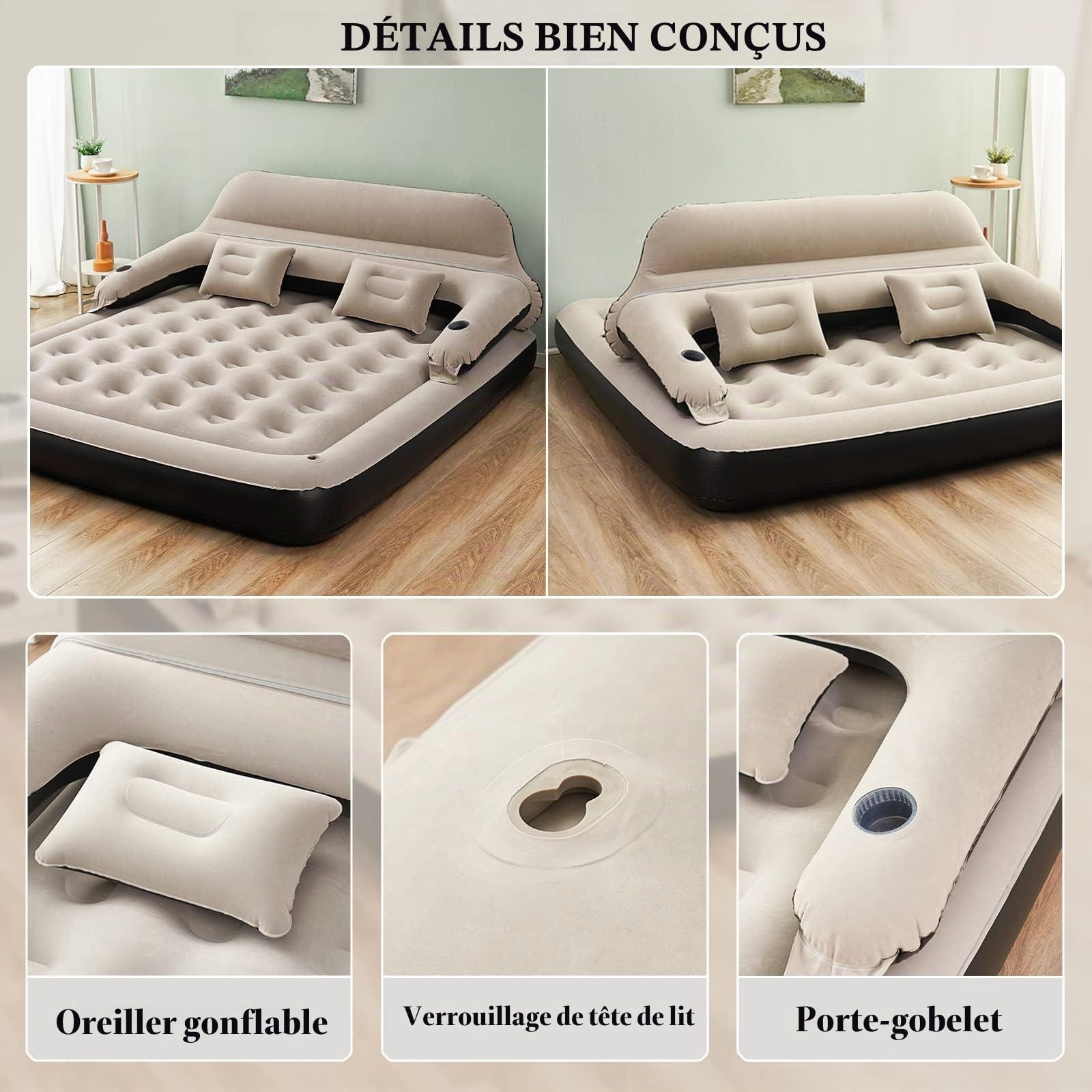 Matelas Pneumatique Taille Queen, Lit Gonflable, Matelas Gonflable avec Oreillers et Dossier