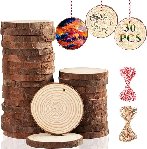 Artmag Rebanadas de madera natural, 30 piezas de 2.4 a 2.8 pulgadas, sin terminar, manualidades, perforadas con agujero, círculos redondos de madera