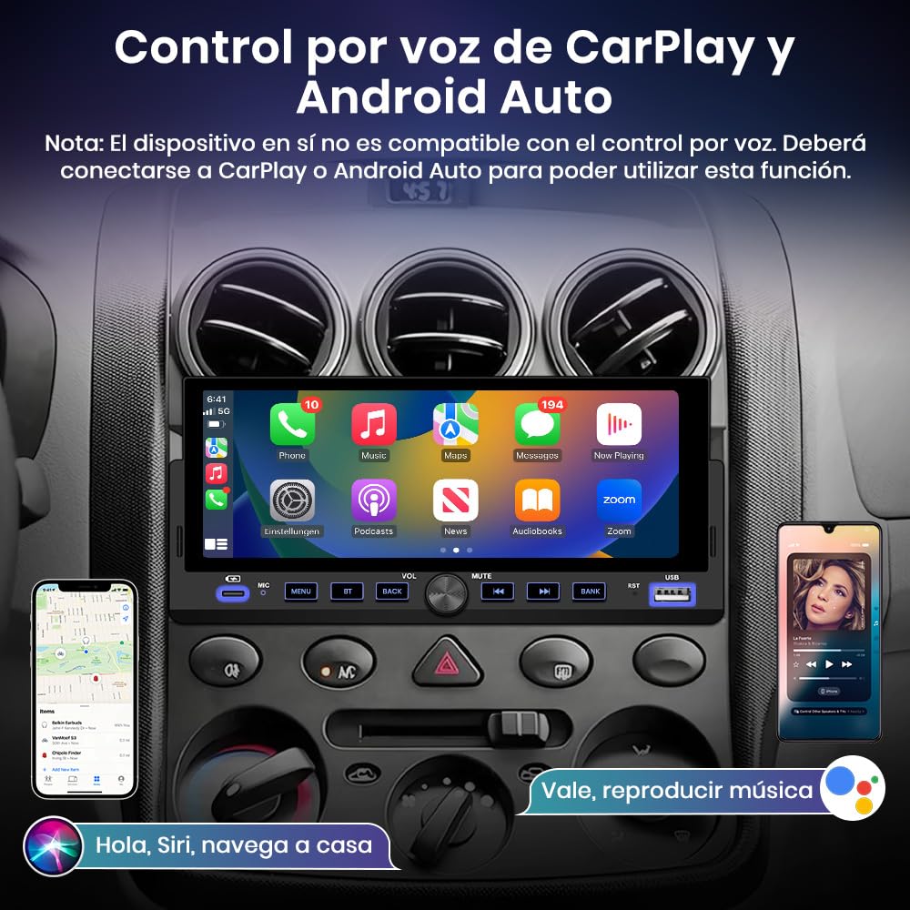 Junsun 6.86 Pulgadas 1 DIN Radio Coche Universal con Pantalla Táctil, con CarPlay/AndroidAuto/Admite Carga Type-C/USB/Micrófono/FM/EQ/GPS/Bluetooth 5.0/USB/SWC y Cámara Trasera con Cable 6M