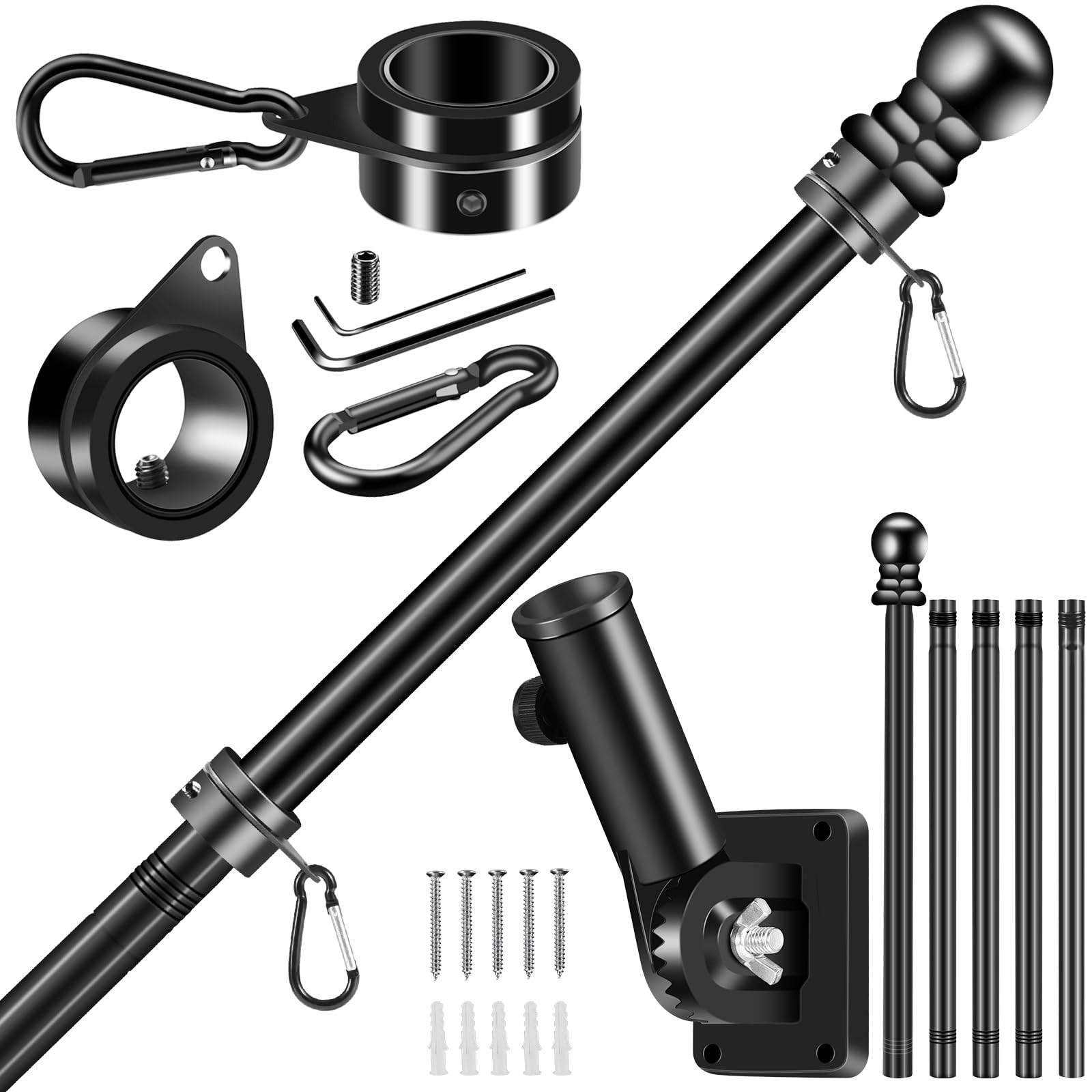 BONWIN Black Flagpole Kits for Outside House, 6 FT Thickened Stainless Steel Porch Wall Flag Pole for 3x5'/4x6' Flag, 1