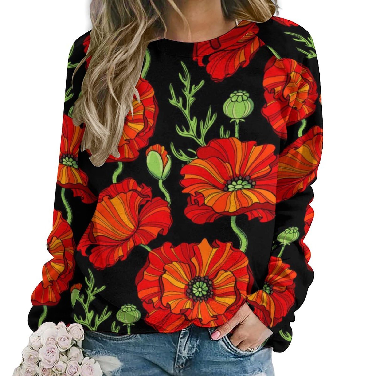 Dgsxynth Casual Ladies Jumper, Red Poppy Flowers Sweatshirts for Women, Crewneck Long Sleeve Top