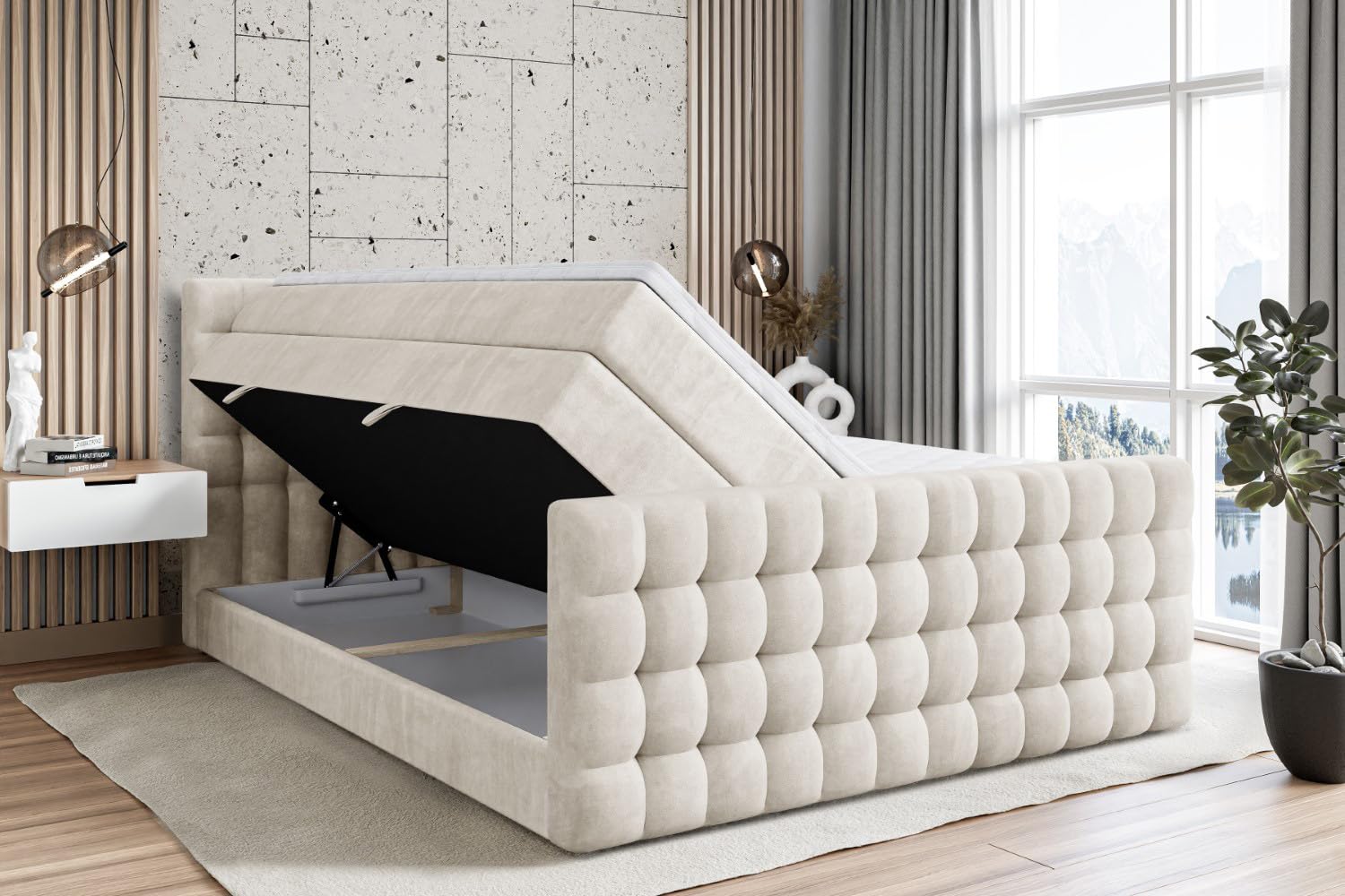 ALTDECOR Boxspringbett mit Matratze und Lattenrost, Topper, Fußteil, Polsterbett mit Bettkasten, Bett mit Stauraum H3- und H4- Matratze,Springboxbett - VIONE-Z King - 200x200 - Beige Samt