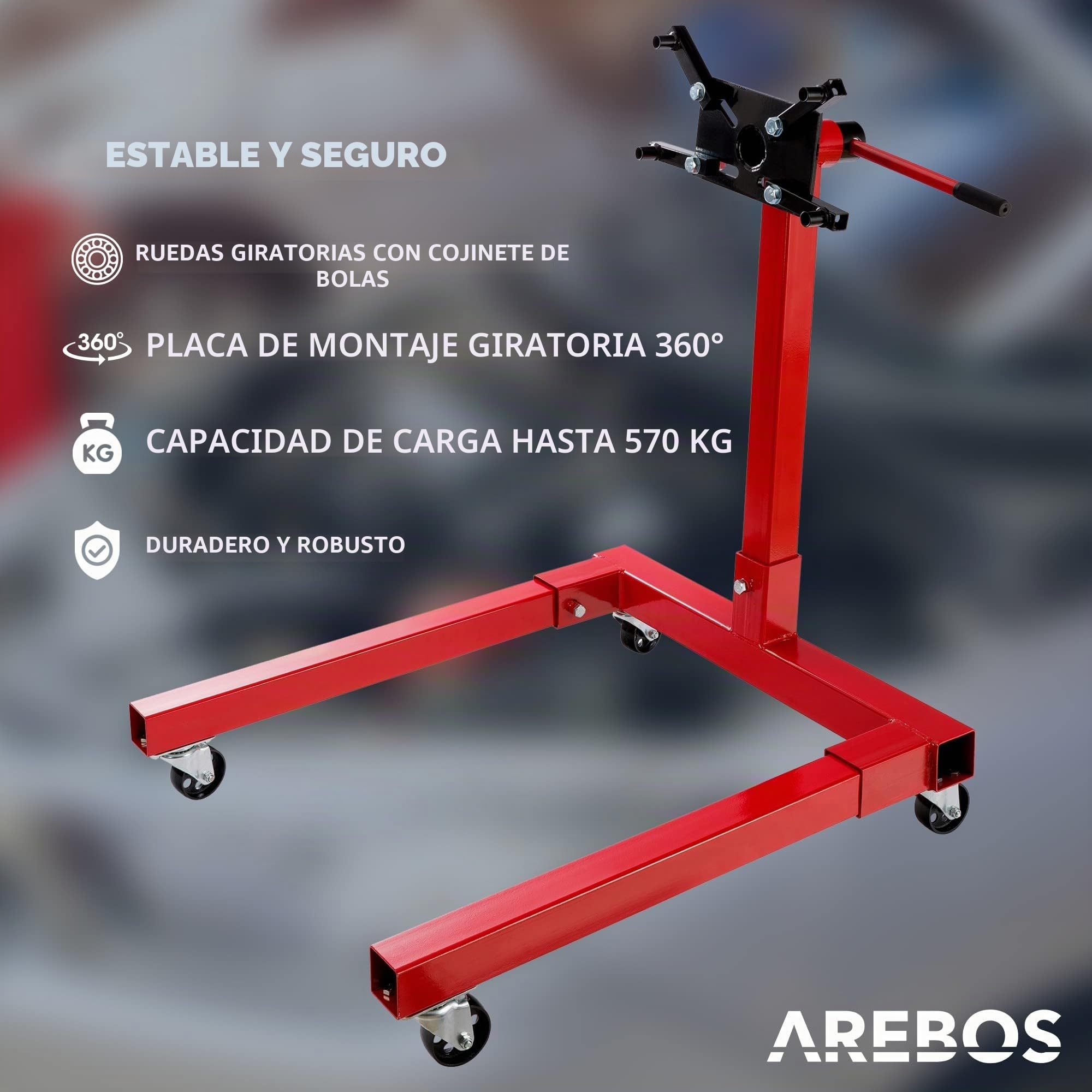 Arebos Soporte del Motor | Soporte de la Caja de Cambios | Soporte de Montaje | Motor 570 kg | 360° Giratorio | Rojo | Robusto | con rodamiento de Bolas