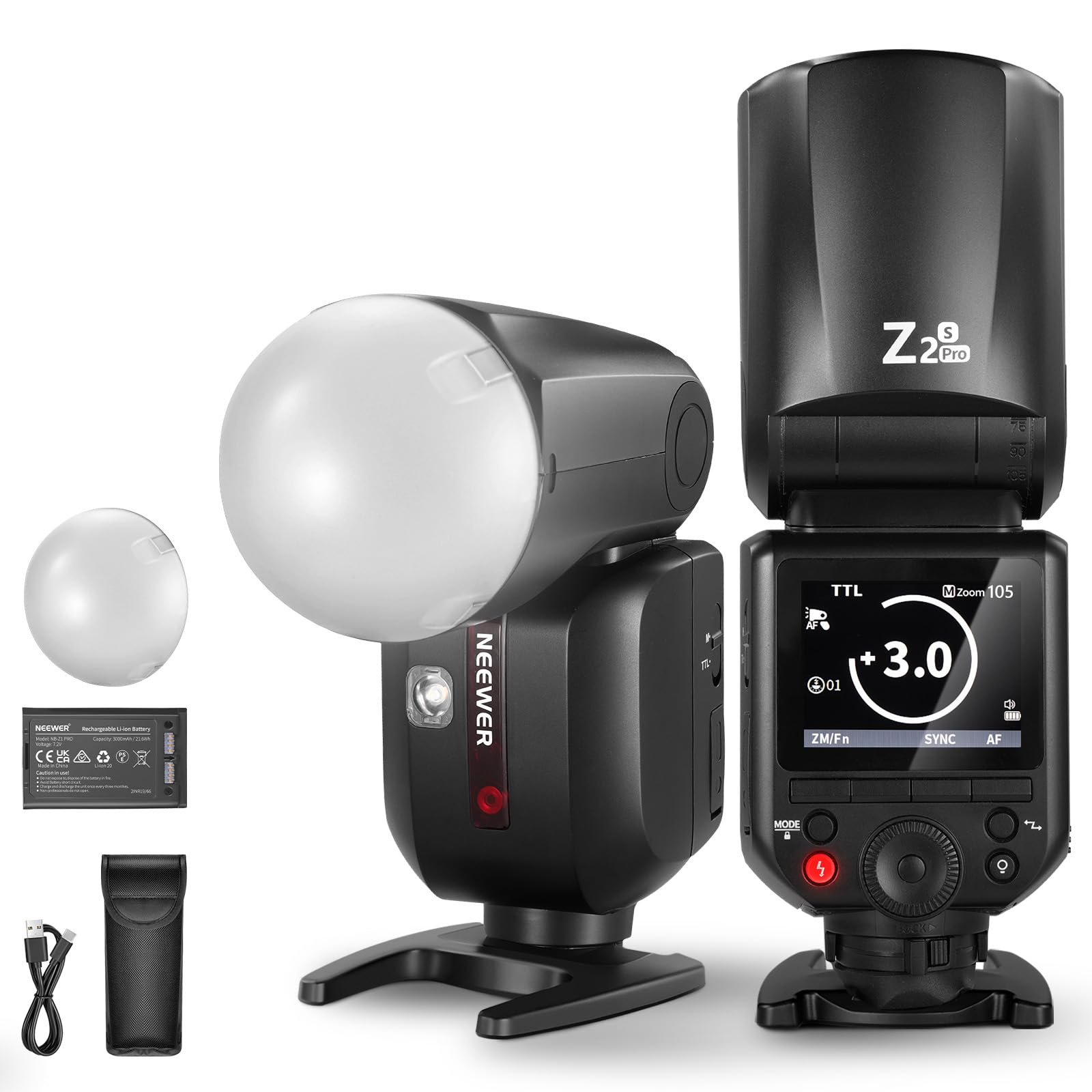 NEEWER Z2PRO-S Flash 2.4G TTL Tête Ronde,sans Fil Compatible avec Sony & Godox,76Ws,1/8000s HSS,Interface Utilisateur Améliorée,Commutateur TTL/M TCM,3000mAh,éclairage Pleine Puissance(600W),Diffuseur