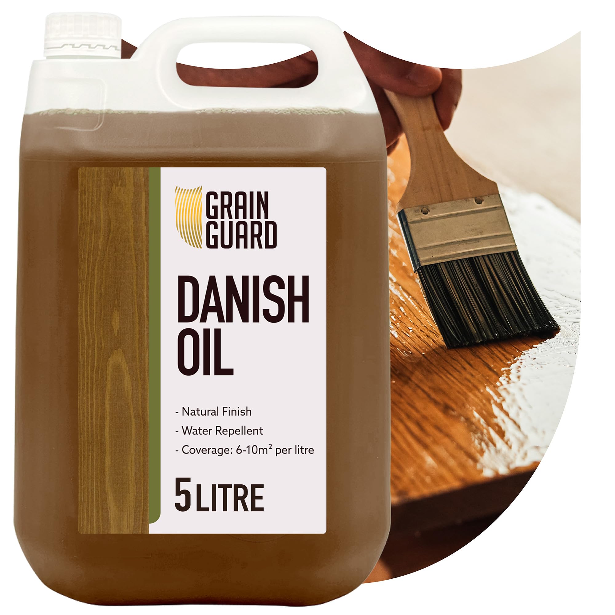 GRAIN GUARD Danish Oil | 5 Litre | Enhances Natural Beauty of Wooden Surfaces | Seals & Protects with Satin Finish | Water Repellent | Use On Oak, Pine & More