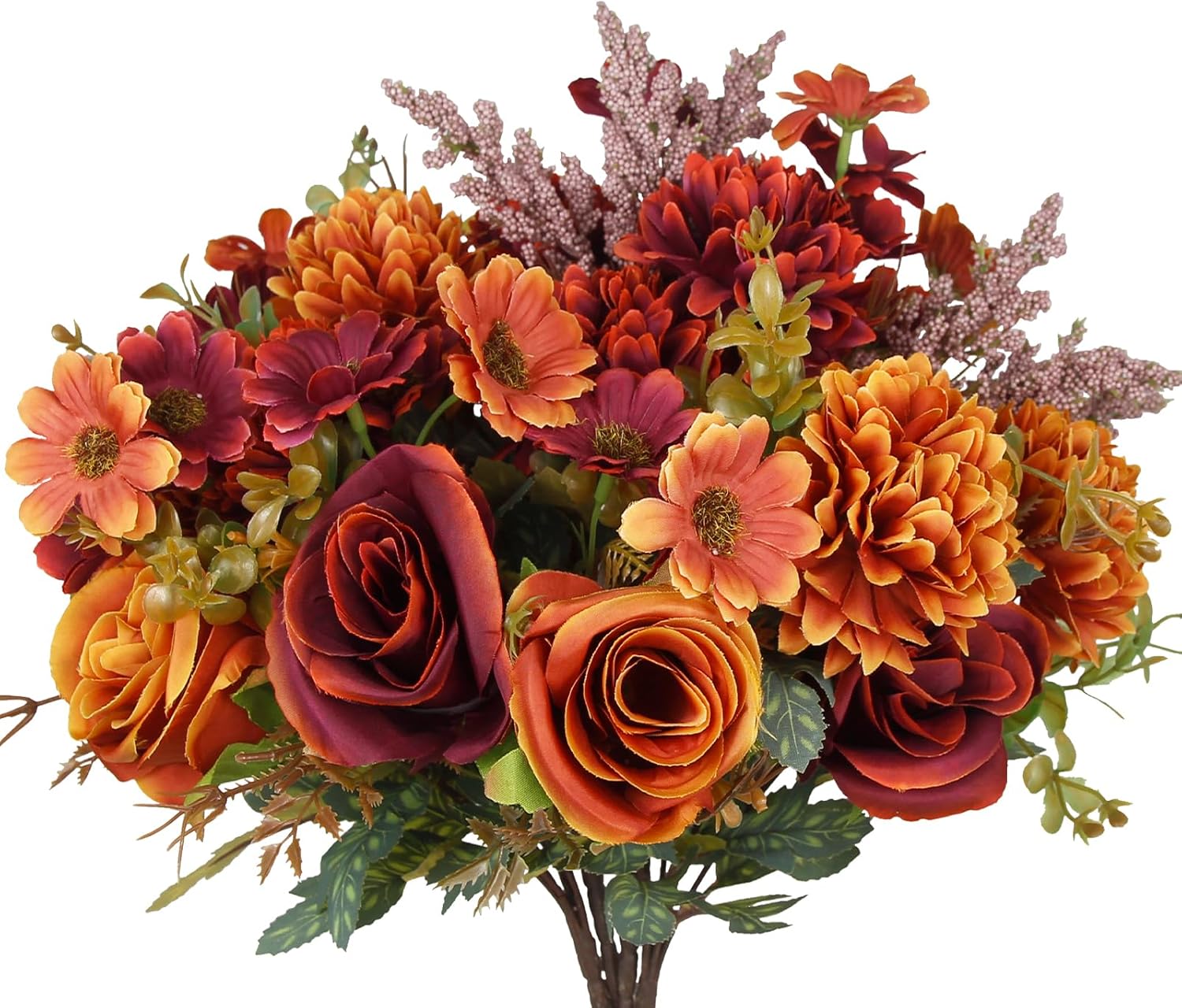 4 Pcs Artificial Fall Flowers for Decoration Fake Mums Bouquet Silk Marigold Flower Faux Flowers Floral Arrangement Autumn Flowers for Home Table Centerpieces Fireplace Wedding Decor Orange Orange, Red-2