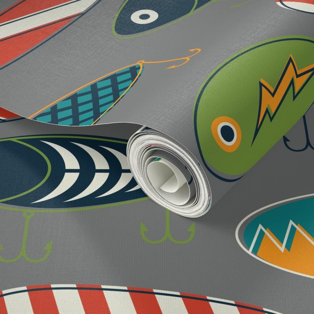 Peel & Stick Wallpaper 12ft x 2ft - Geometric Fishing Lures Gray Fish Fishing Hook Lure Lake River Fish Custom Removable Wallpaper by Spoonflower