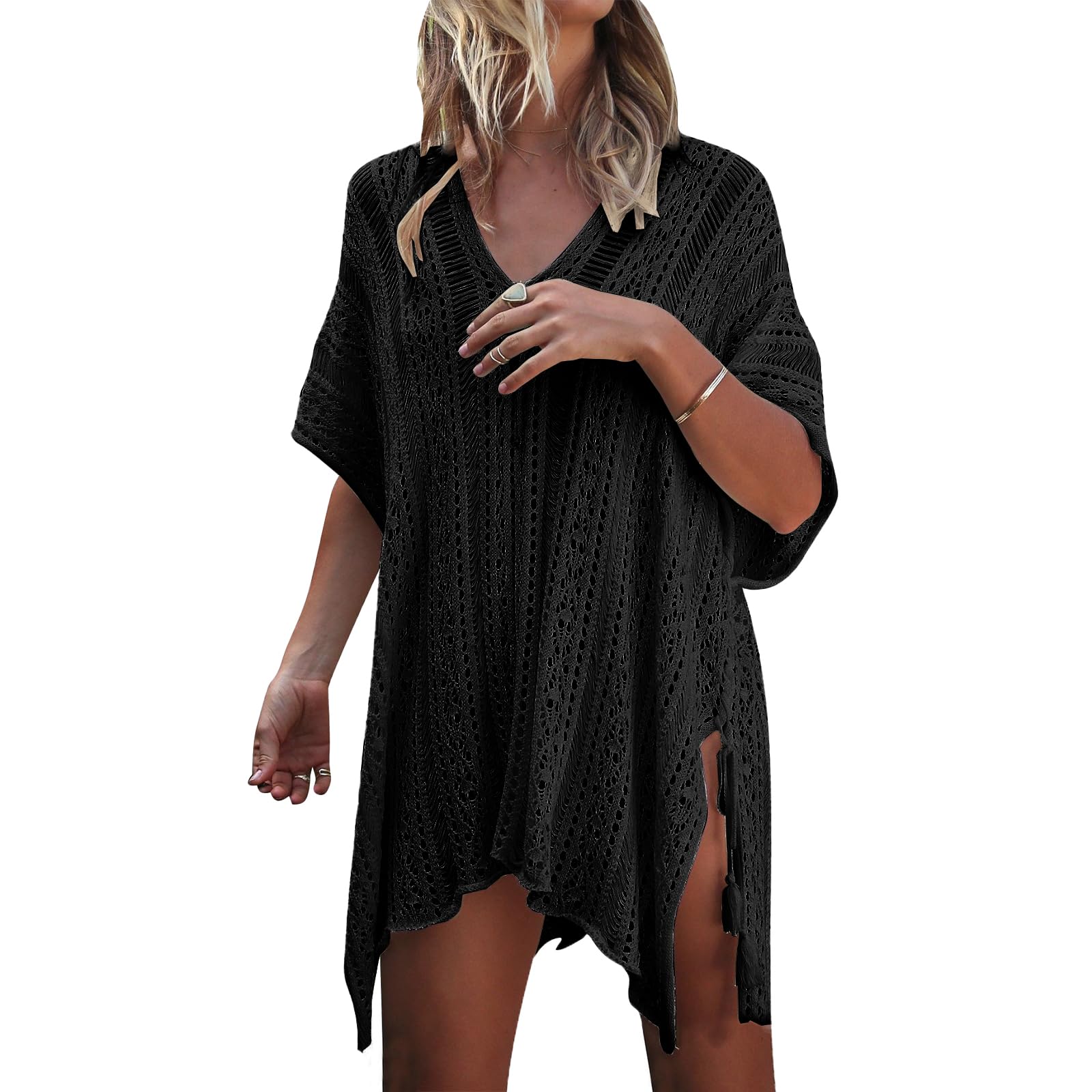 Swimsuit Cover Ups for Women 2025 V Neck Side Slit Crochet Hollow Out Loose Coverup Bikini Beach Pool