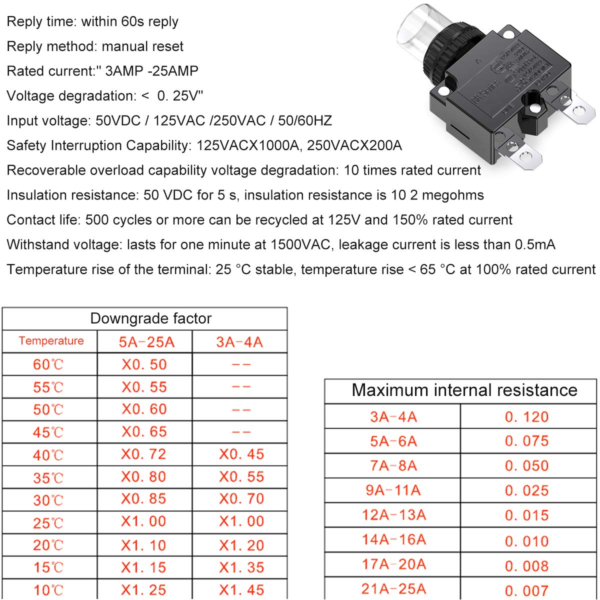 12Amp Circuit Breakers Thermal Overload Switch Protector 88 Series Manual Push Button Reset with Quick Connect Terminals and Waterproof Button Cap 32VDC or 125/250VAC 4pcs