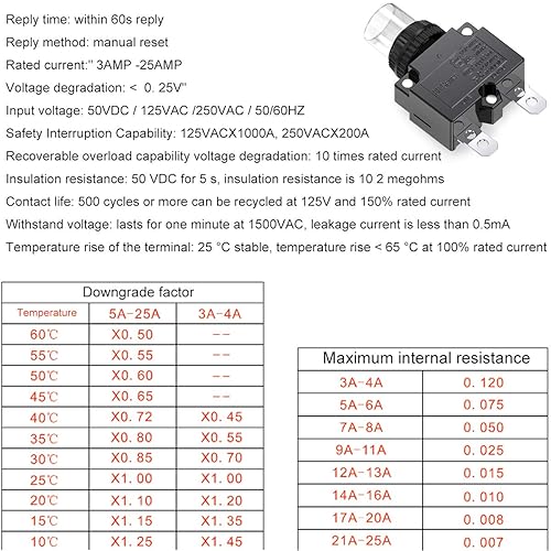 Miniatura 5 de Interruptores de circuito de 12 amperios, protector de interruptor de sobrecarga térmica serie 88 Restablecimiento manual del botón con terminales