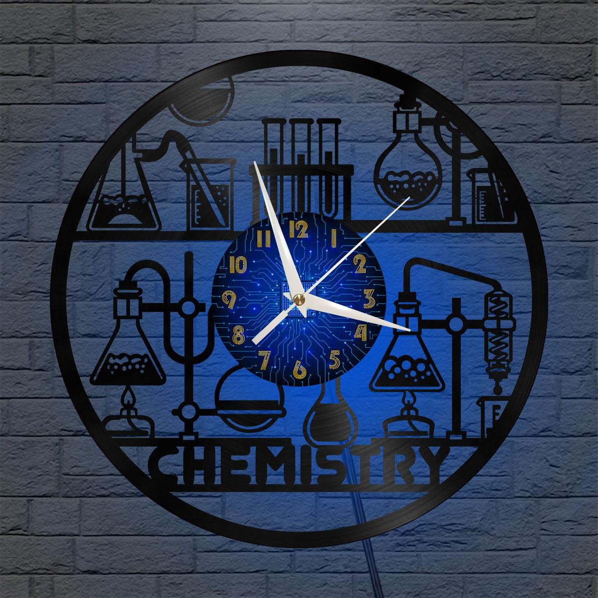 Horloge murale en vinyle XDG de recherche chimique, disque noir 12 pouces avec LED