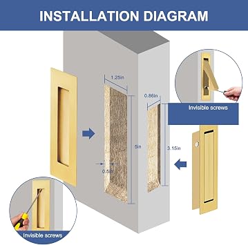 Pocket Door Hardware and Edge Pull,Stainless Steel Pocket Door Handles Latch,Recessed Finger Flush Pulls,for Closet,Sliding,Barn Door (Brushed Gold, 6Inch)