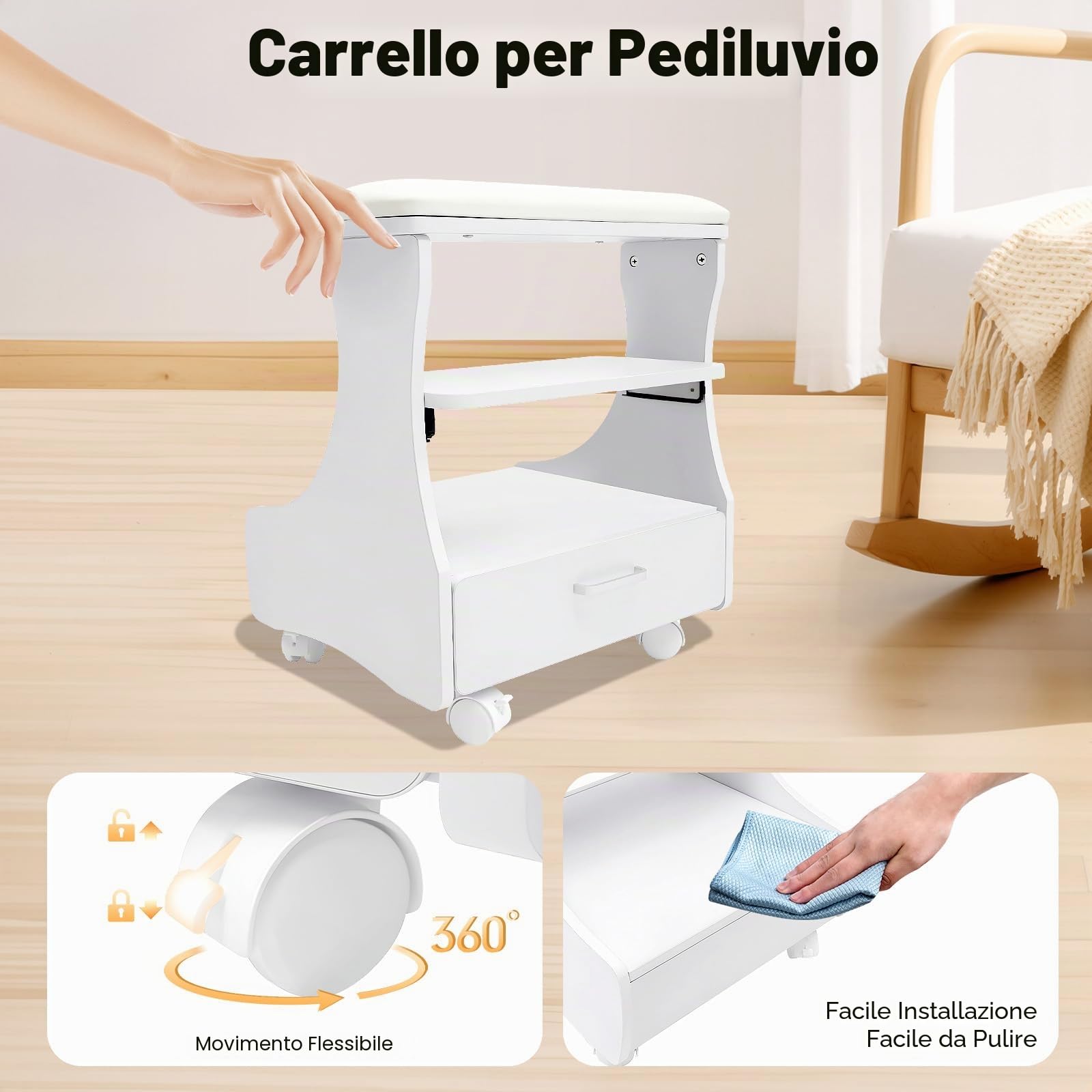 Sgabello da bagno con piedini, poggiapiedi per pedicure, carrello per manicure, sgabello da bagno piedi con ruote freno, cassetto, vassoio per appoggio, carico 20 kg, MDF, casa Spa soggiorno Institute