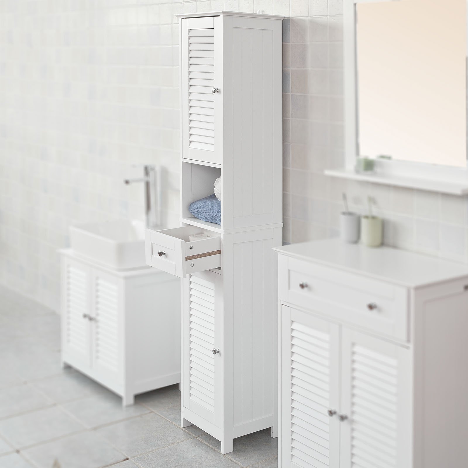 Haotian White Floor Standing Tall Bathroom Storage with Shelves