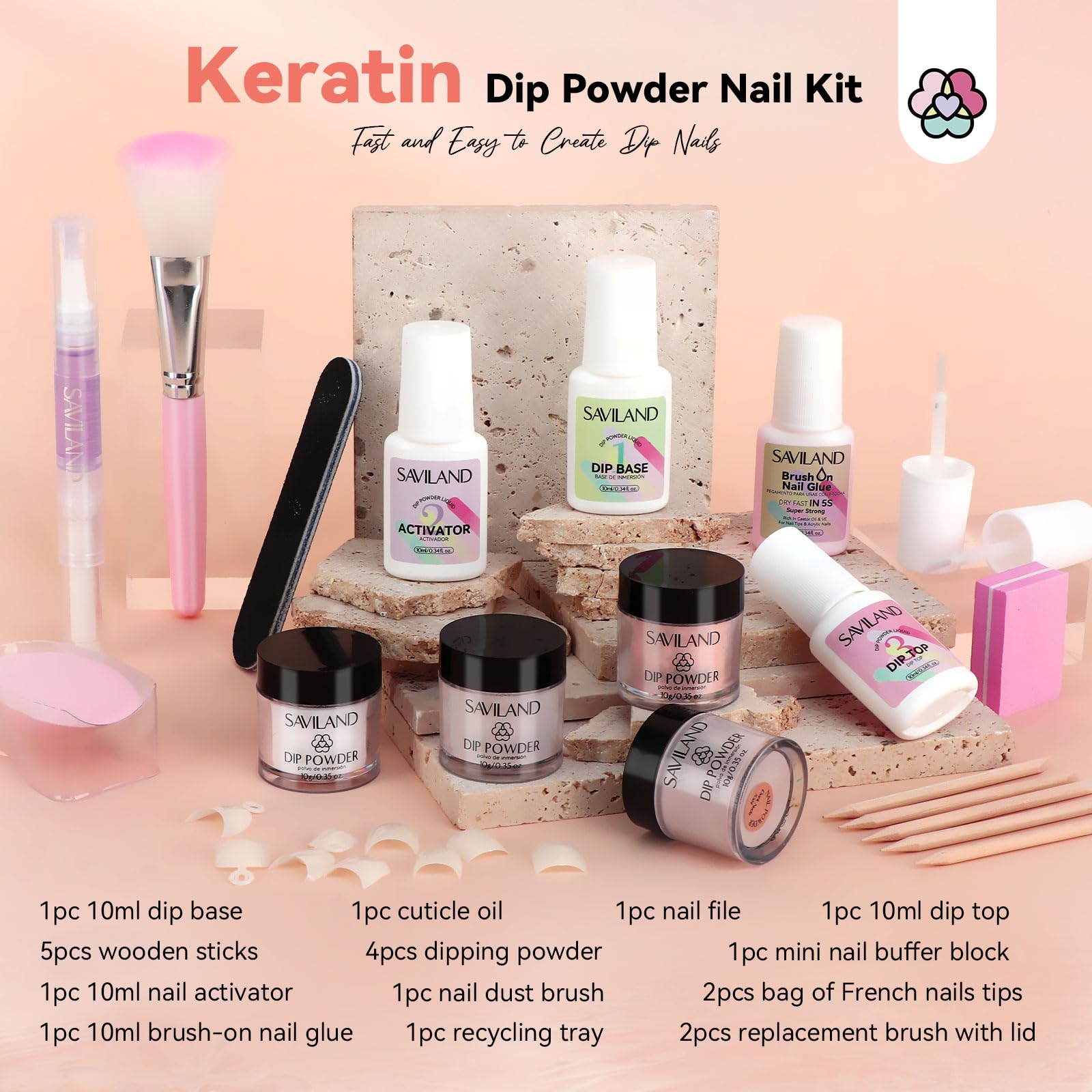 Saviland Dip Powder Nail Kit: 4 Colores de Queratina en Líquido de Polvo de Inmersión con uñas Francesas Consejos y Pegamento Dip Base & Top Coat Uñas Activador (No Necesita Lámparas de Uñas)