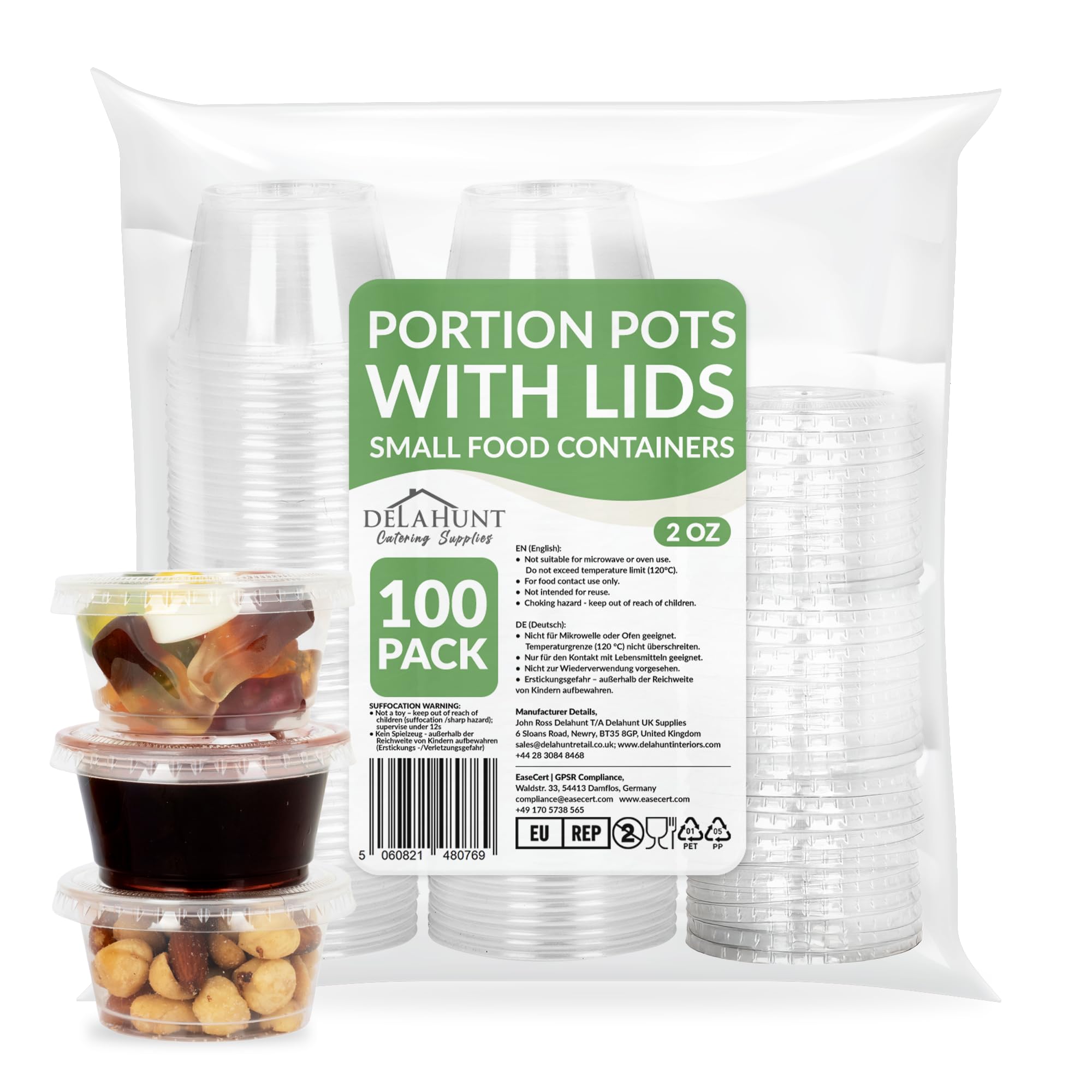 2oz (60ml) Small Disposable Plastic Portion Pots with Lids [100 Pack] - Clear Round Leakproof Deli Pot Containers for Sauce, Dips, Jelly Shots, Jello, Salad Dressing, Snack, Meal Prep & Takeaway Use