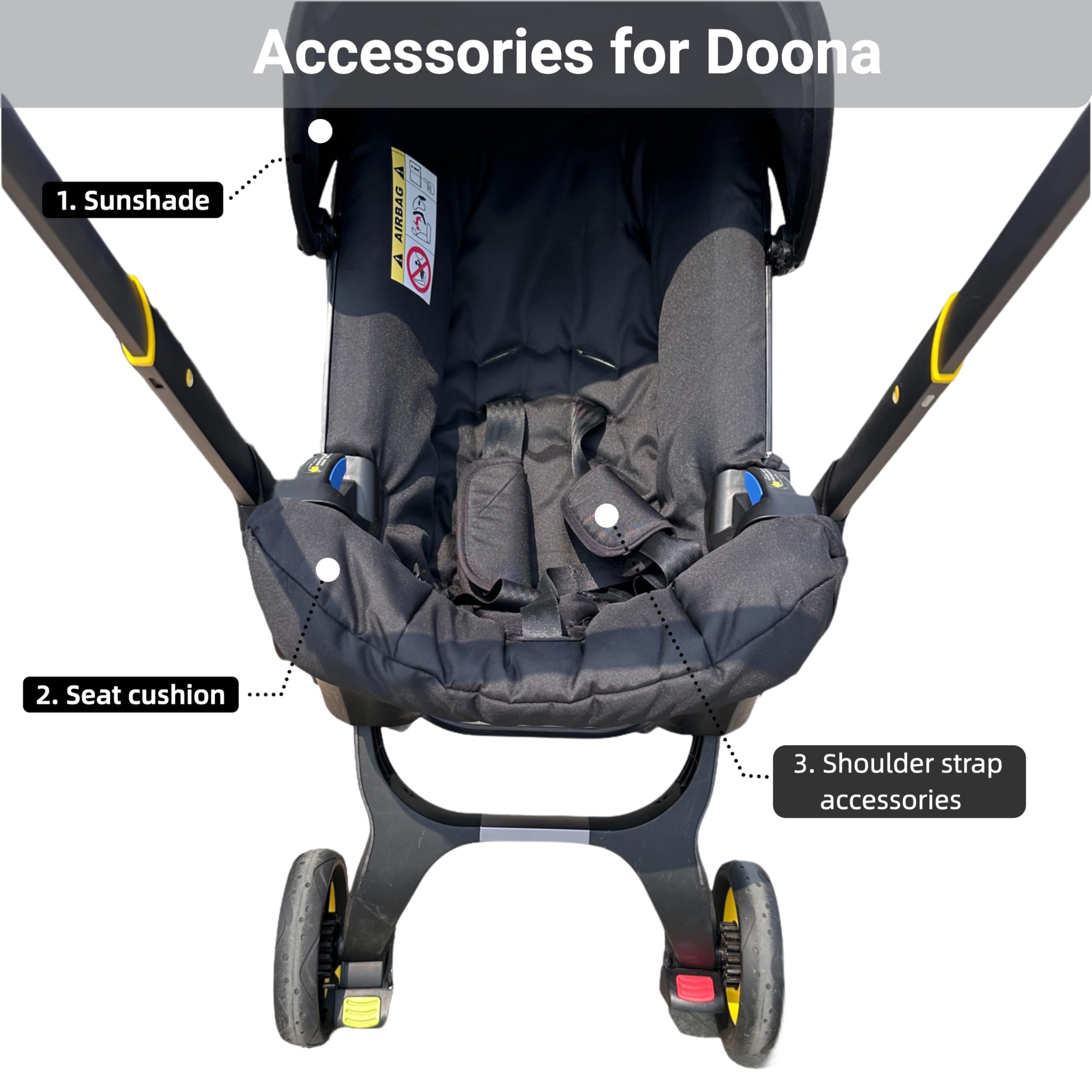 Stroller Care Kit for Doona/FooFoo/4in1 Car Seats: Seat Cushion + Canopy Sunshade Cover + 2 Shoulder Protectors, Black/Gray