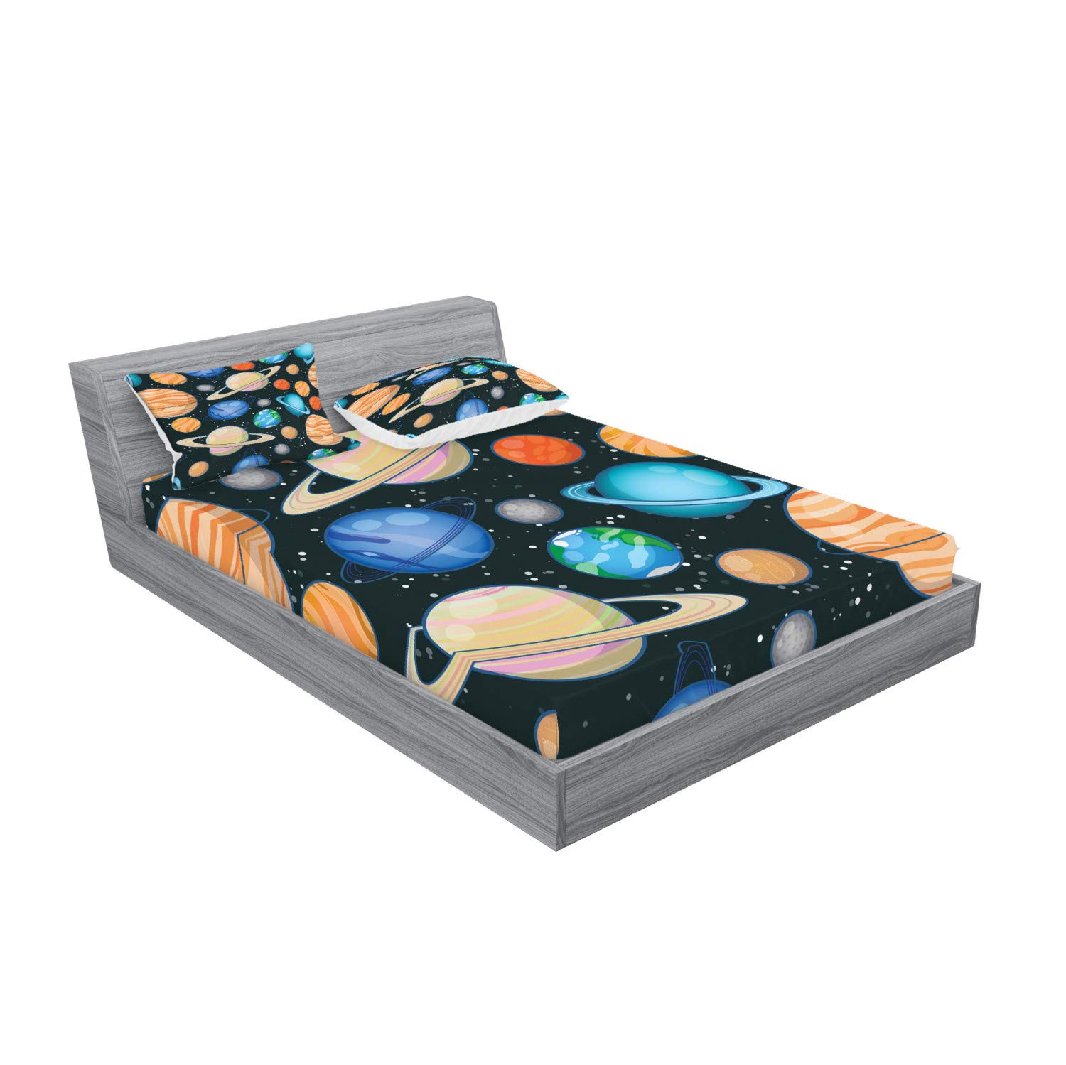 Ambesonne Galaxy Fitted Sheet & Pillow Sham Set, Galaxy Space Art Solar System Planets Mars Mercury Uranus Jupiter Venus Kids Print, Decorative Printed 3 Piece Bedding Decor Set, Calking, Salmon
