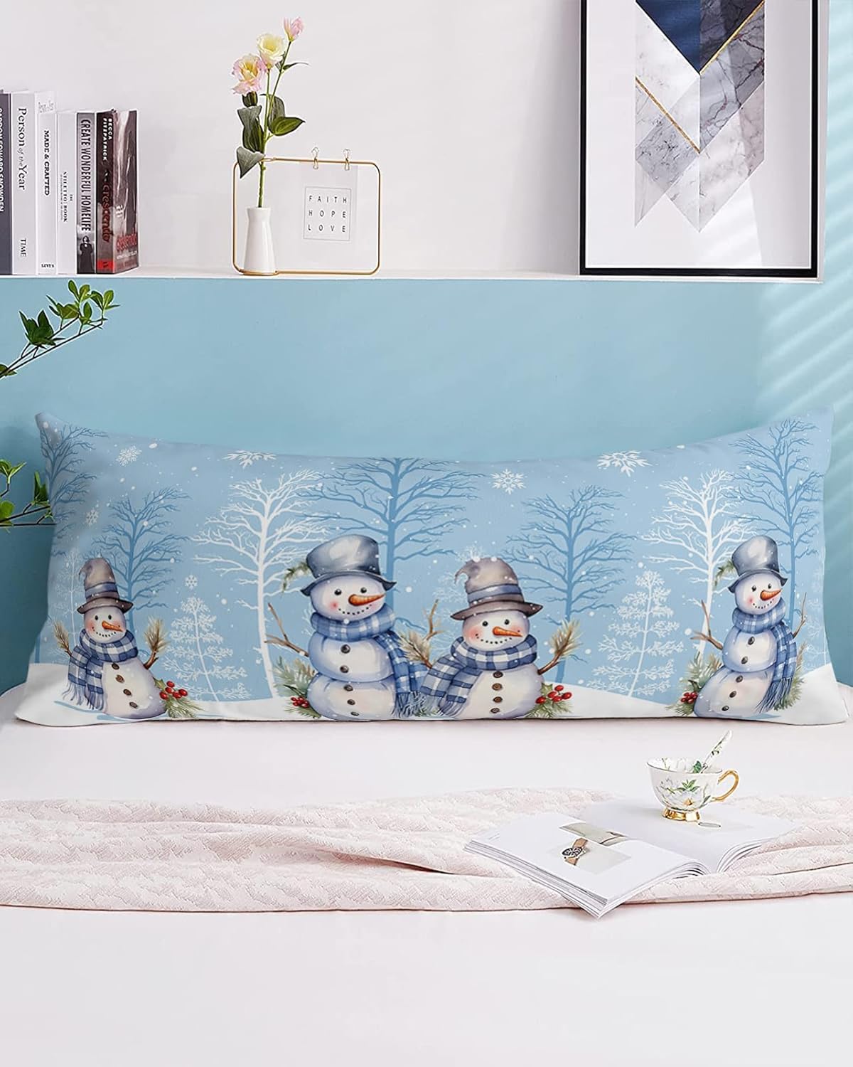 Blue Winter Christmas Body Pillow Cover Pillowcases, Holiday Snowman Xmas Pine Tree Snowflake Soft Breathable Pillow Covers with Envelope Closure Decorative Pillow Shams for Bed Sofa Couch Chair 20x54