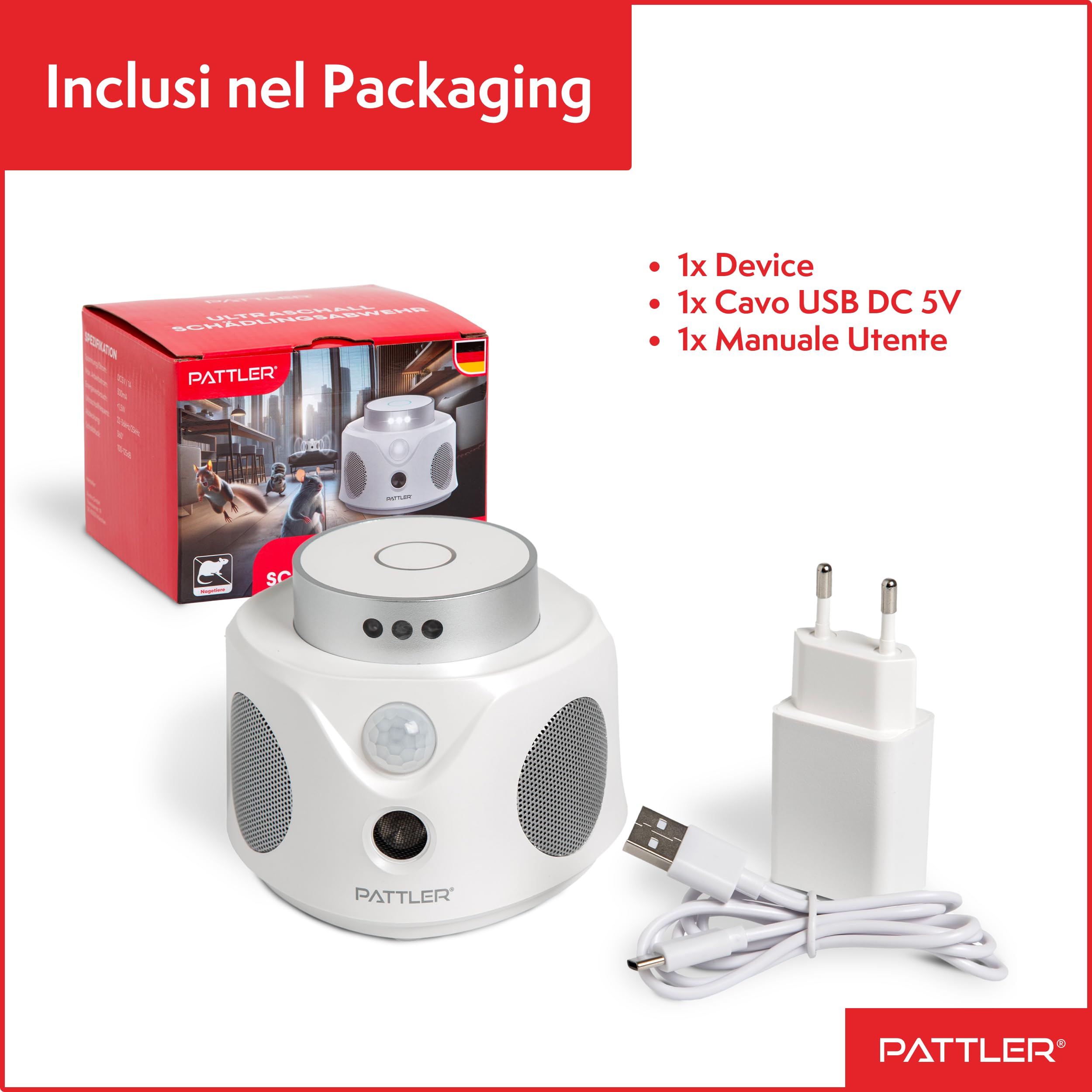 PATTLER Dissuasore per Topi ad Ultrasuoni, Repellente Ultrasuoni Topi, Ultrasuoni per Topi a 360°, Ultrasuoni per Topi da Esterno e da Interno, Scaccia Topi, Pest Reject, Dissuasori per Topi