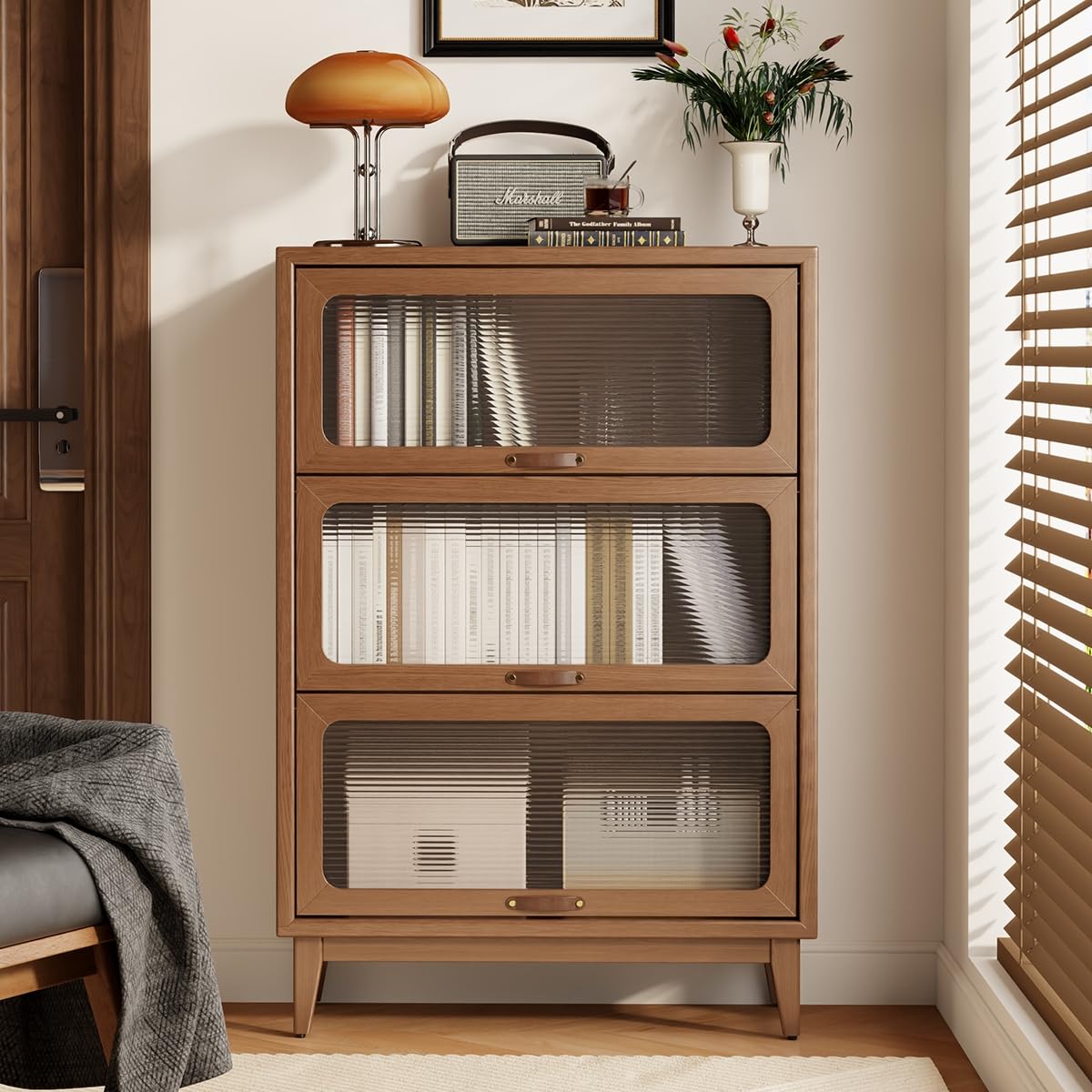 AQIMUELE Solid Wood Bookcase with Glass Doors, 3 Shelf Bookshelves and Bookcases, Mid Century Modern Bookshelf with Glass Doors, Kitchen Pantry