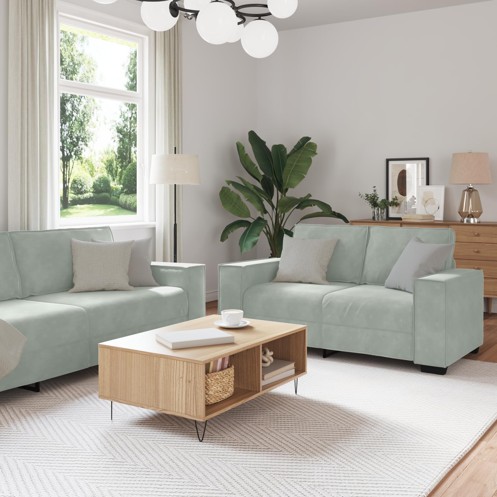 3-częściowy komplet mebli z poduszkami, jasnoszary, aksamitny – 3-osobowa sofa z miękkiego aksamitu zapewnia przytulną atmosferę, stabilna rama ze sklejki i metalu, szerokie podłokietniki