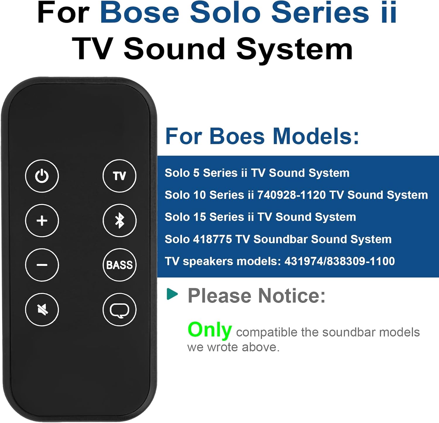Motiexic Remote Control with a list of compatible Bose Solo Series II TV Sound System models