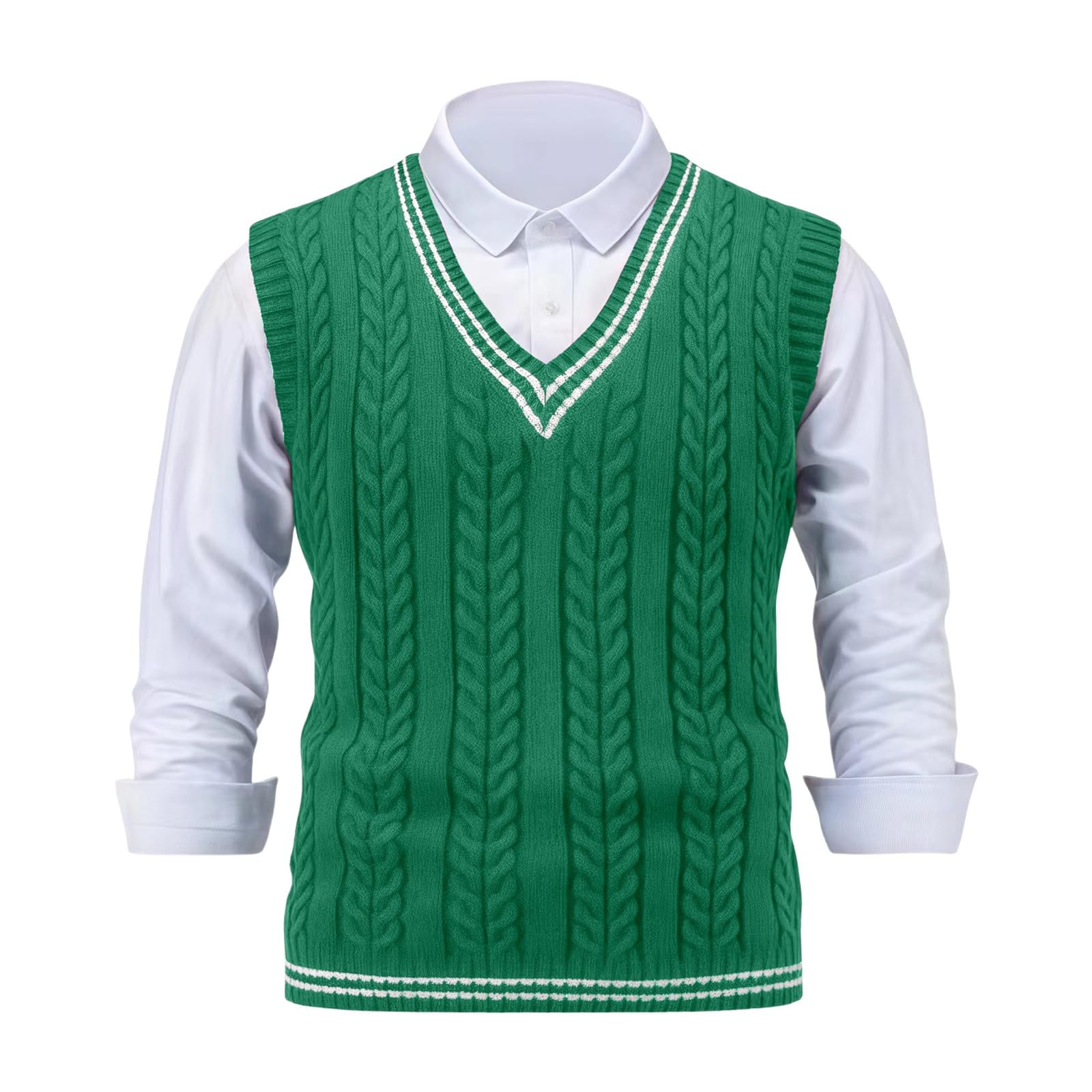 2025 Chaleco de suéter para hombre, ajuste estrecho, casual, tejido, sin mangas, cálido, para el invierno, en capas, elástico, cómodo, ligero, cuello redondo Chaleco Genérico de septiembre, verde, XXL