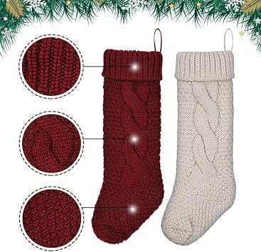 18 Large Size Cable Knit Christmas Stockings,Unique Burgundy Xmas Stocking Decorations for Family Holiday Season Decor 2 Pack