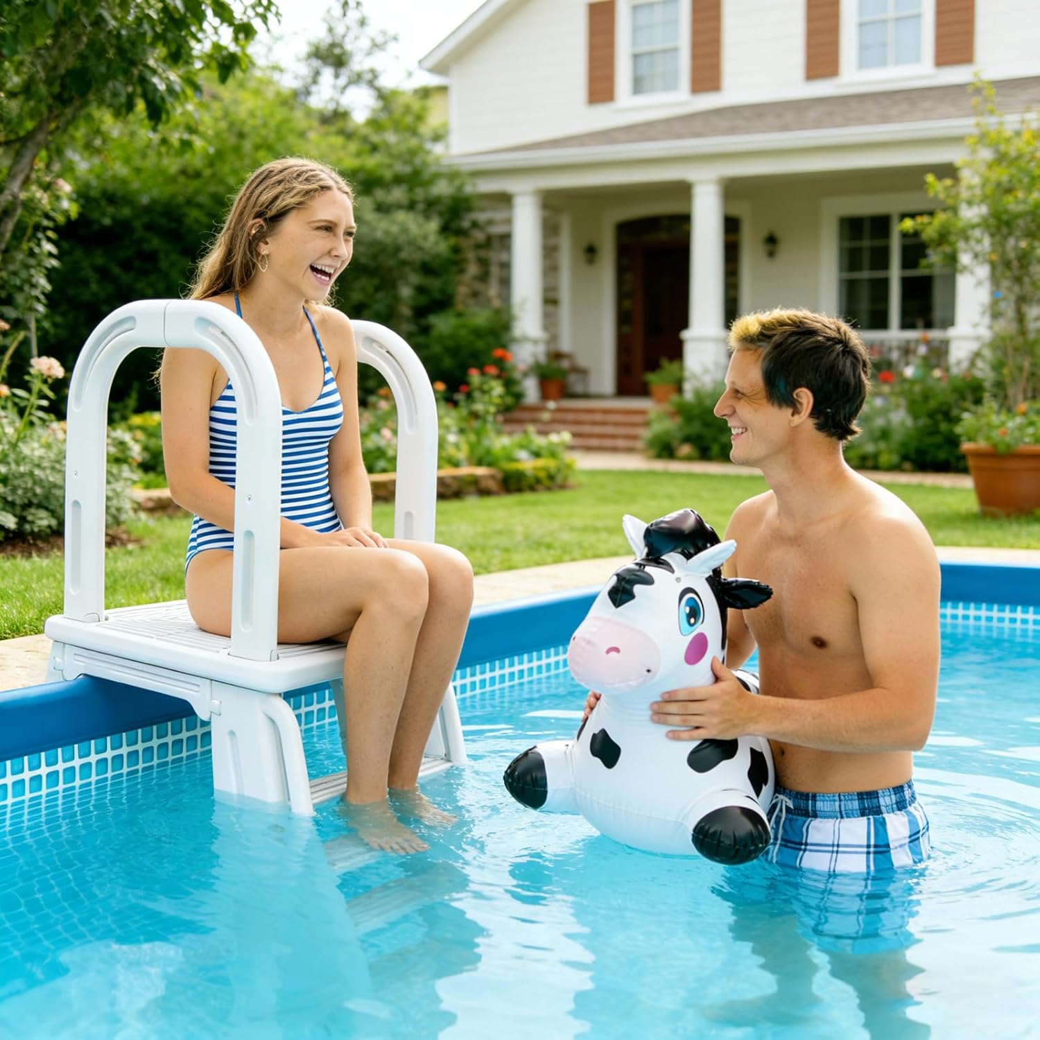 A Frame Pool Ladder, 48" to 56" Adjustable Pool Entry&Exit Ladder for Above Ground Outdoor Swimming Pool Platform Ladder with Handrail and Non-Slip Steps,400 Pounds Capacity, White