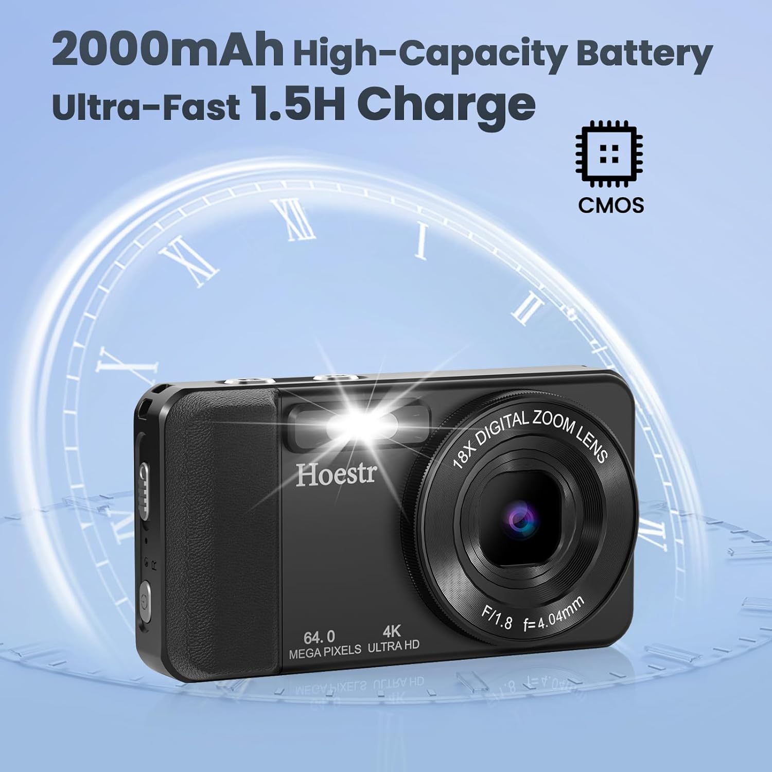 64MP 4K Digital Camera, Hoestr 18X Zoom Autofocus Point and Shoot Compact Camera with 64GB TF Card, Flash, 2.8" LCD Screen for Teens Adult Beginner Travel Photography Vlogging（Black）