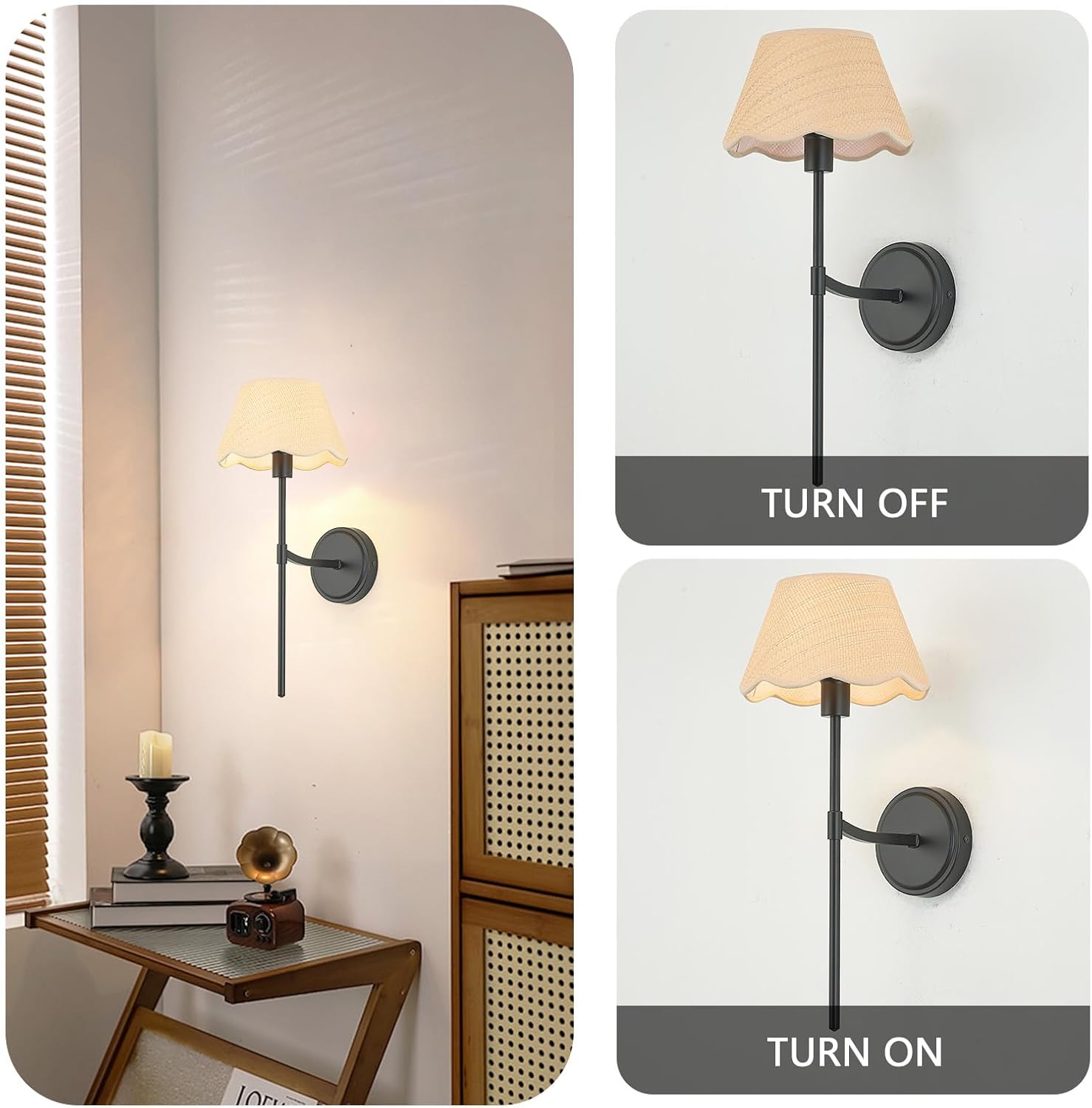 Boho Wall Sconces Set of Two, Black Hardwired Vintage Wall Lamps with Rattan-Pattern Fabric Shade, Rustic Wall Light Fixtures for Bedroom Living Room Restaurant Hallway