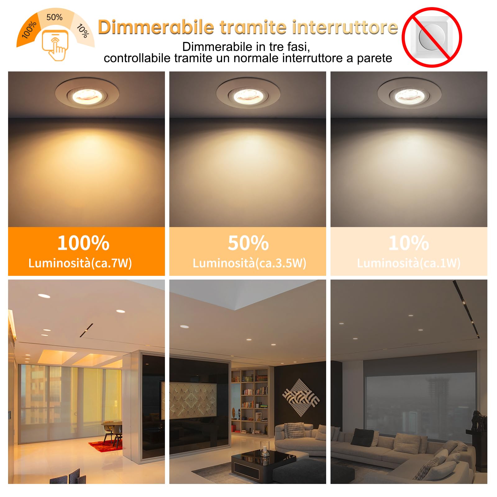 wowatt Set da 10 Faretti LED da Incasso per Cartongesso Dimmerabili 7W | 700LM Luce Bianco Caldo 2800K Faretti LED Soffitto Incasso Metallo, IP44 Faretto 230V Ultrasottili, Diametro Foro 68-75mm