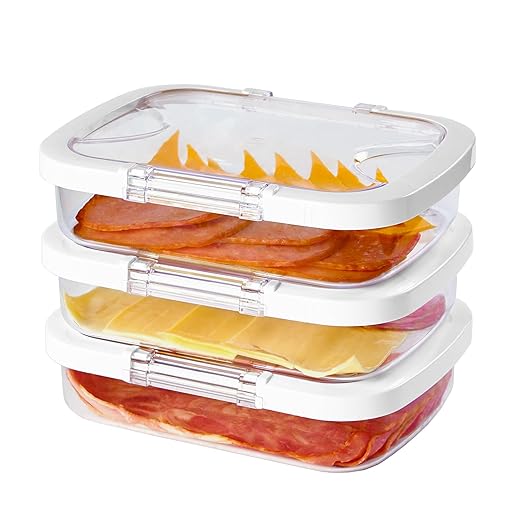Felli Duo Loc Deli Meat Containers for Fridge with Airtight Lids, Stackable Refrigerator Organizer for Lunch Meat Storage Sandwich Ham Cheese Salami Sliced Turkey, Clear Tritan Box (Cold Cuts 3pk)